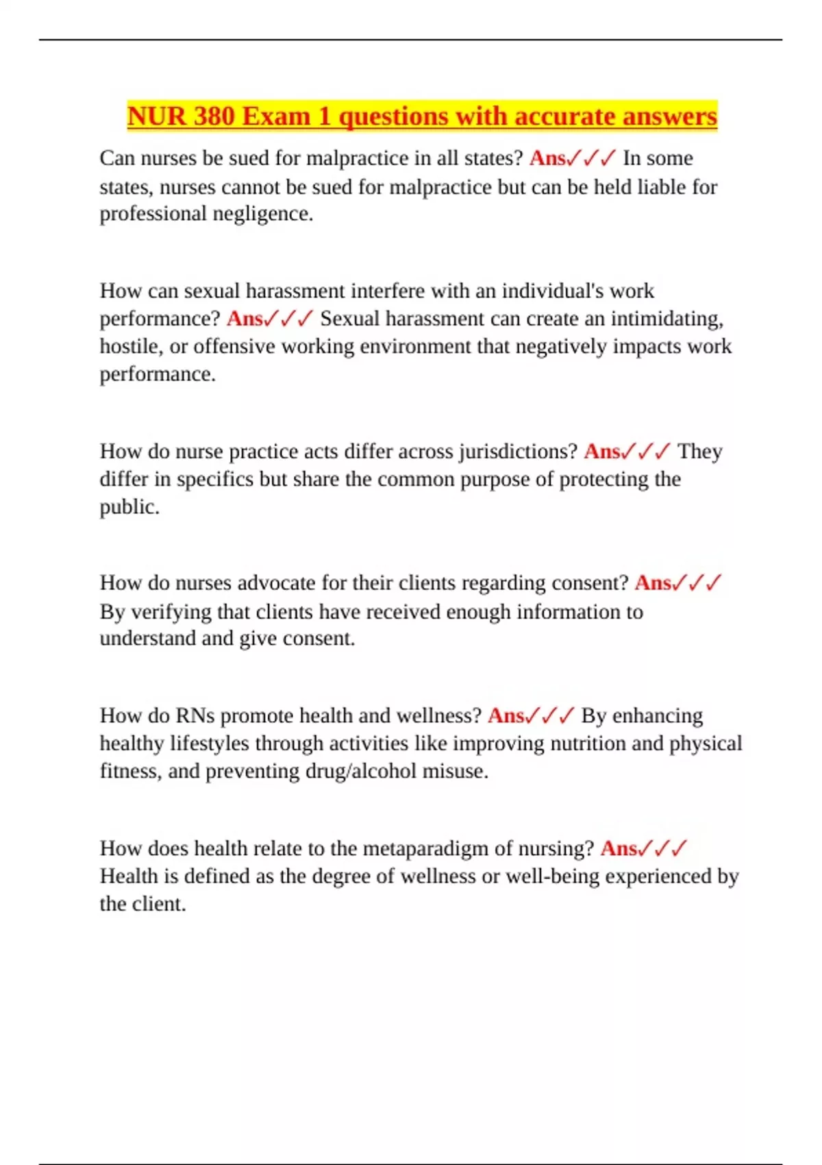 NUR 380 – Exam 1 – Verified Questions and Answers – Fundamentals, Legal ...