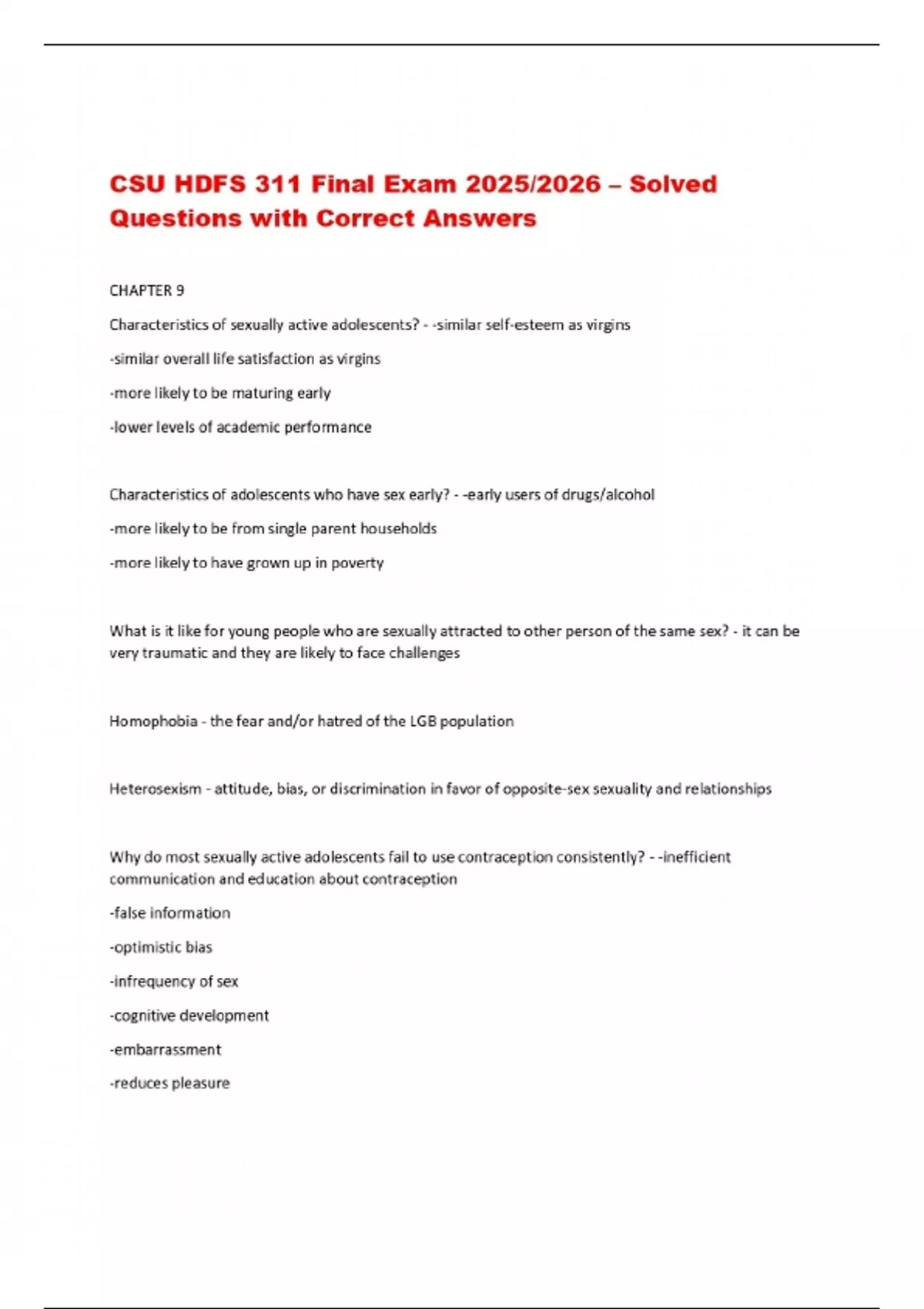 CSU HDFS 311 Final Exam 2025/2026 – Solved Questions with Correct ...
