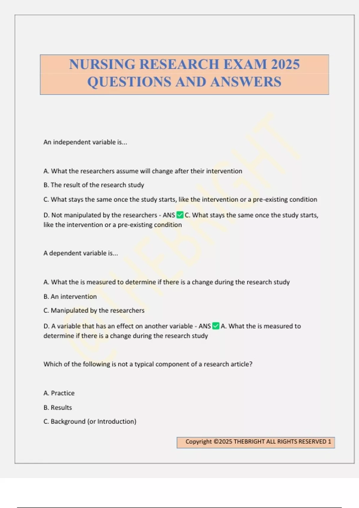 NURSING RESEARCH EXAM 2025 QUESTIONS AND ANSWERS - Nursing research ...
