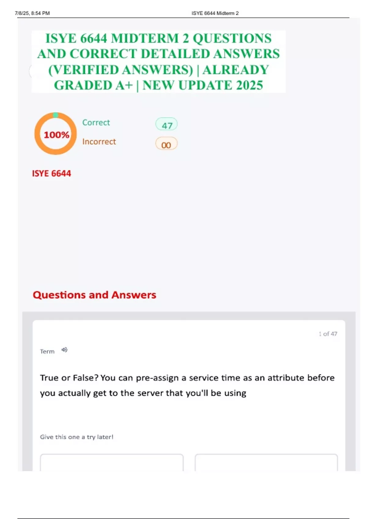 ISYE 6644 MIDTERM 2 QUESTIONS AND CORRECT DETAILED ANSWERS (VERIFIED ...