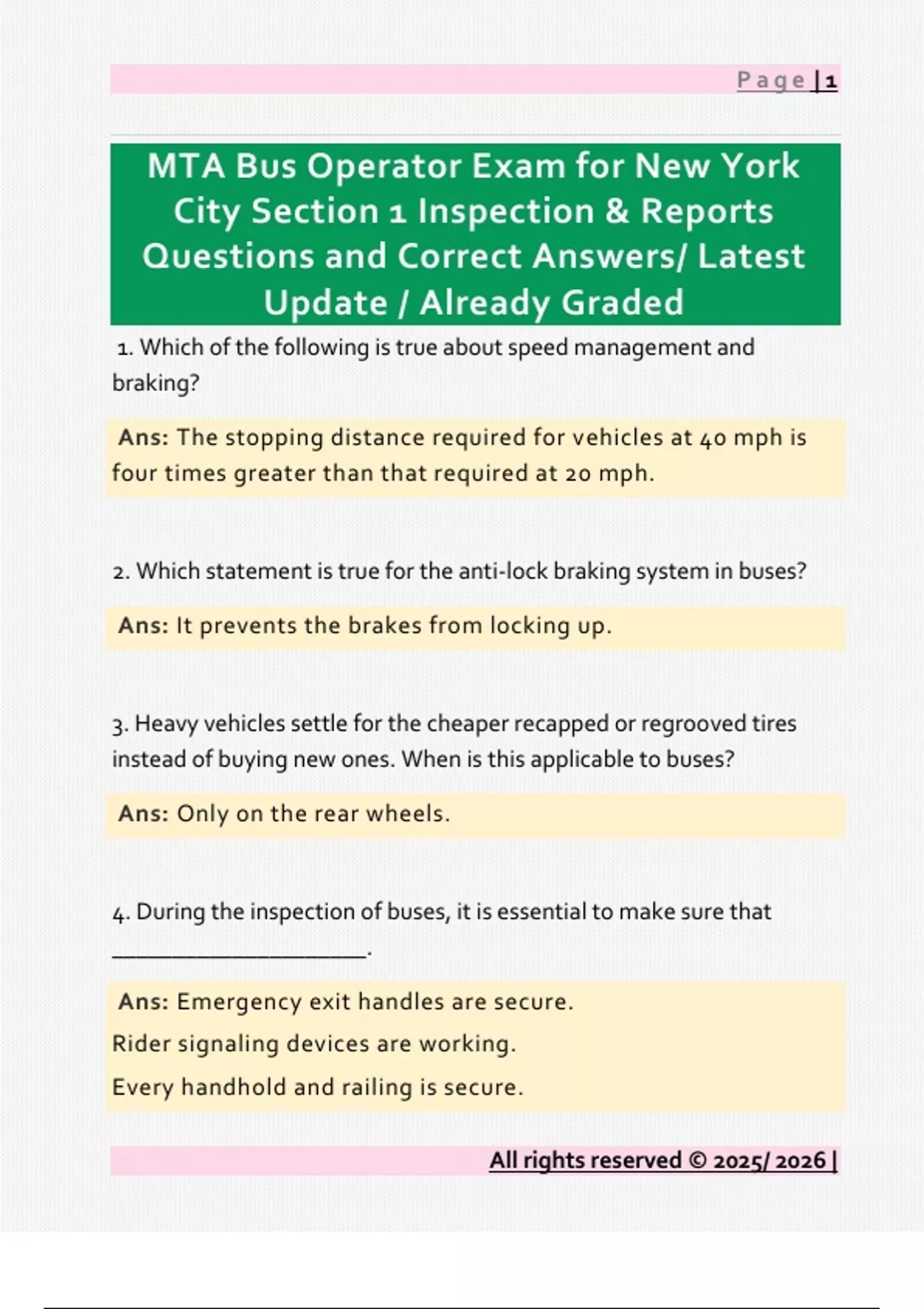 MTA Bus Operator Exam for New York City Section 1 Inspection & Reports ...