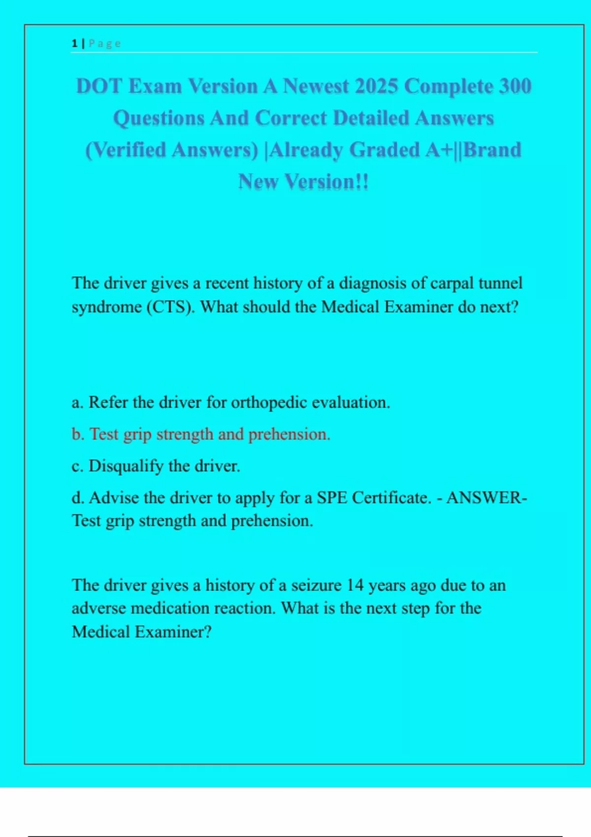 DOT Exam Version A Newest 2025 Complete 300 Questions And Correct ...