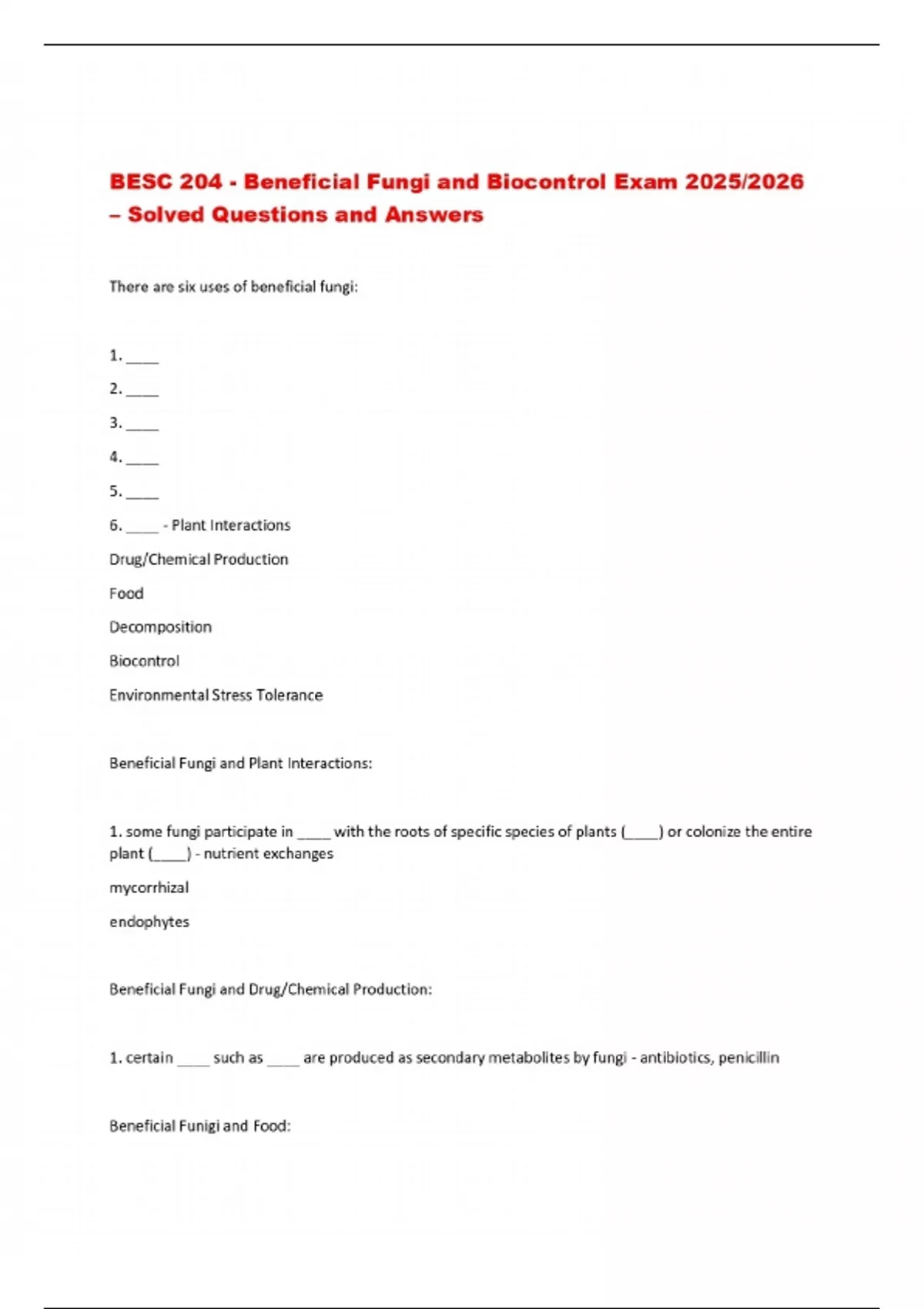 BESC 204 - Beneficial Fungi and Biocontrol Exam 2025/2026 – Solved ...