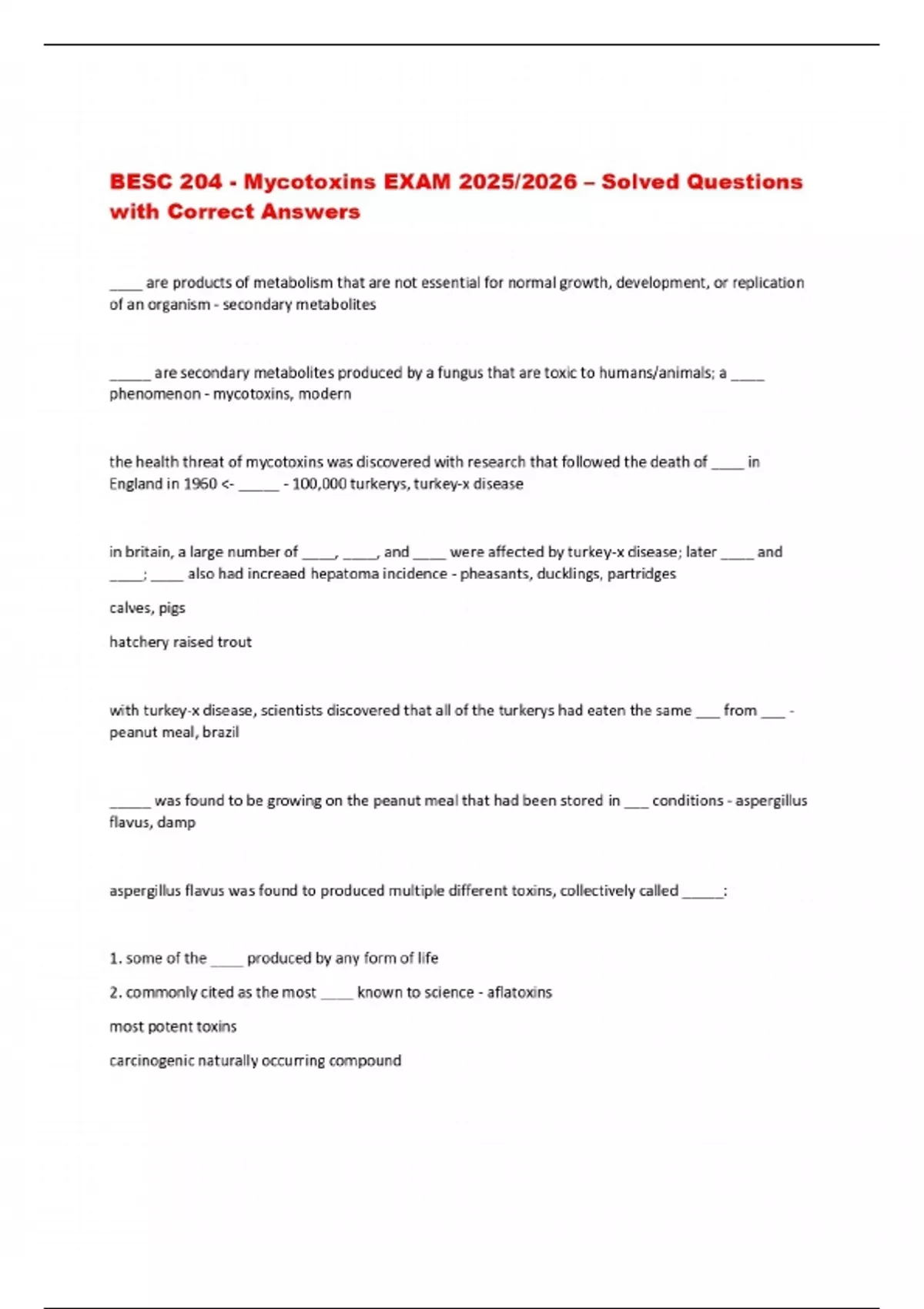 BESC 204 - Mycotoxins EXAM 2025/2026 – Solved Questions with Correct ...