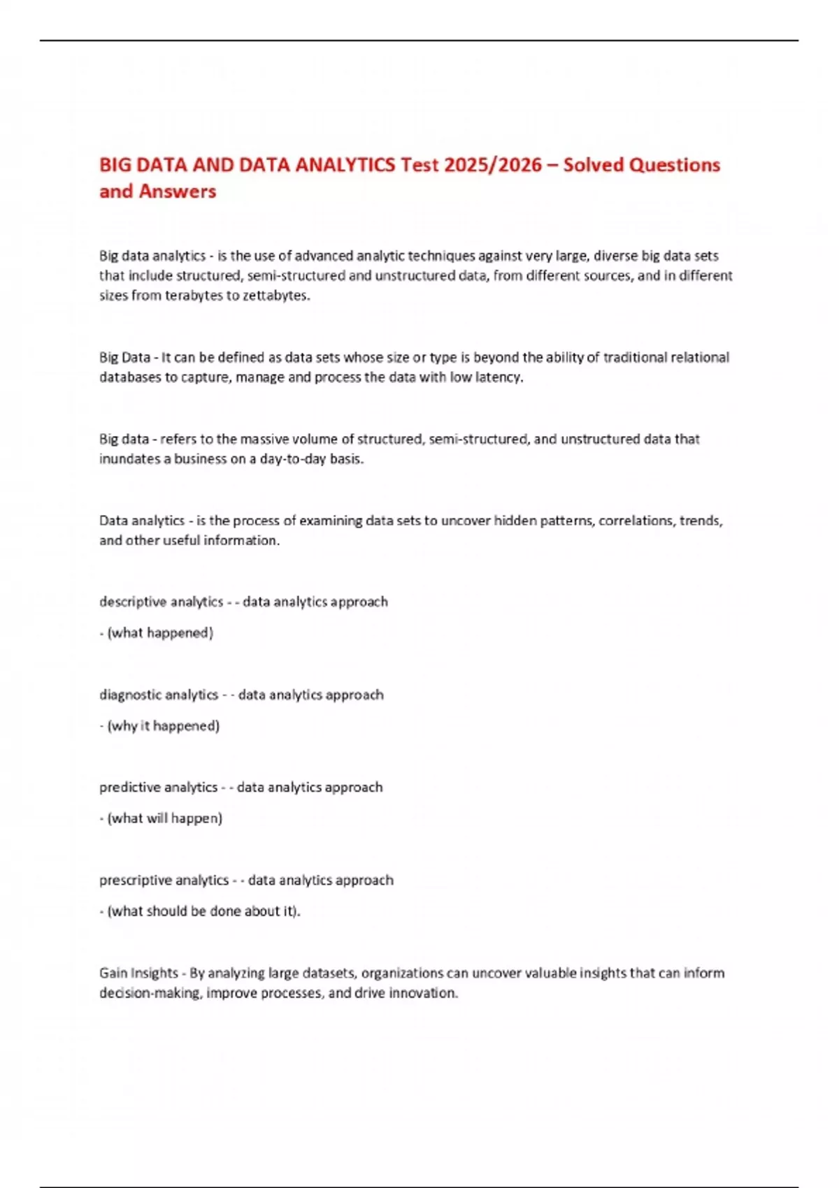 BIG DATA AND DATA ANALYTICS Test 2025/2026 – Solved Questions and ...