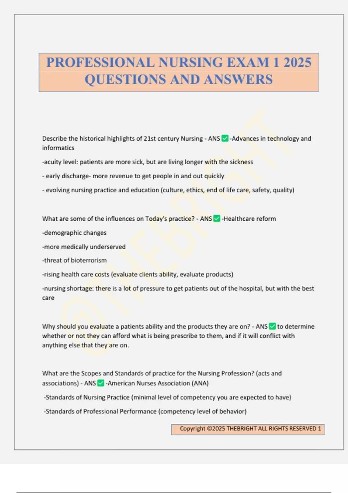 PROFESSIONAL NURSING EXAM 1 2025 QUESTIONS AND ANSWERS - PROFESSIONAL ...