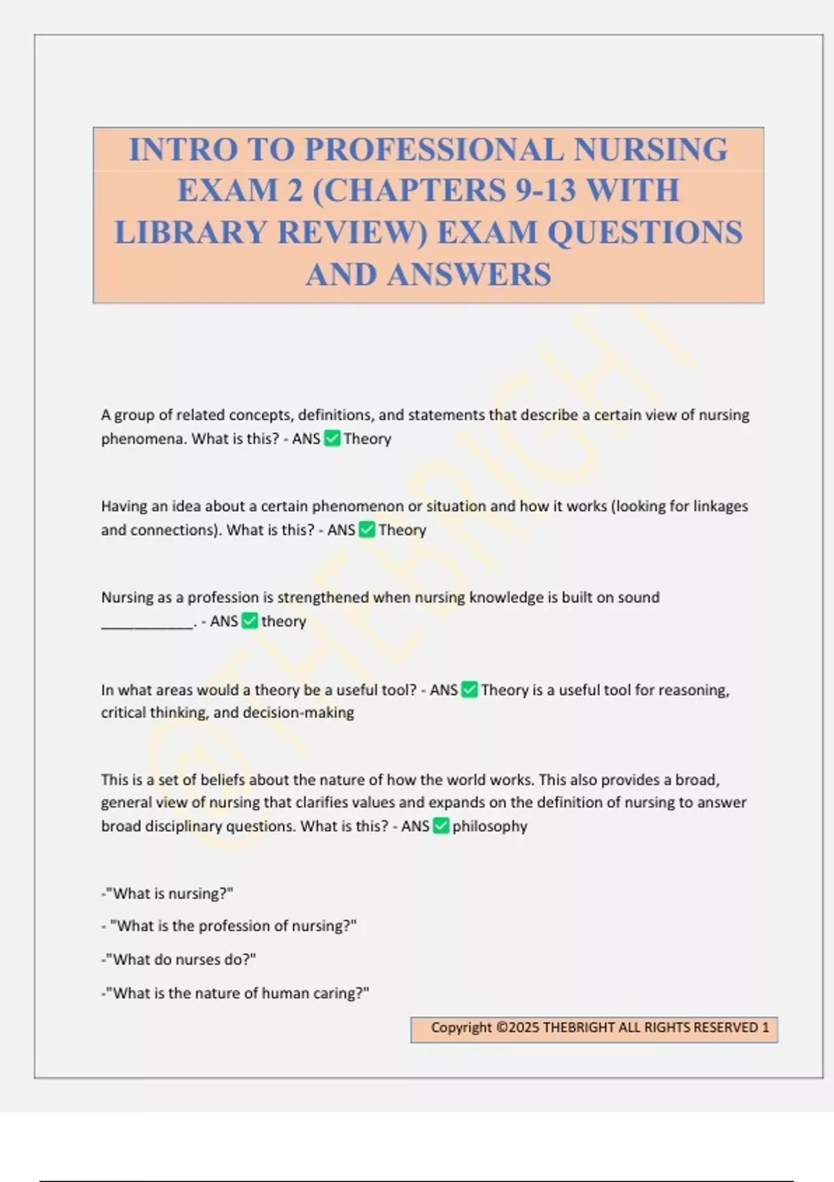 INTRO TO PROFESSIONAL NURSING EXAM 2 (CHAPTERS 9-13 WITH LIBRARY REVIEW ...