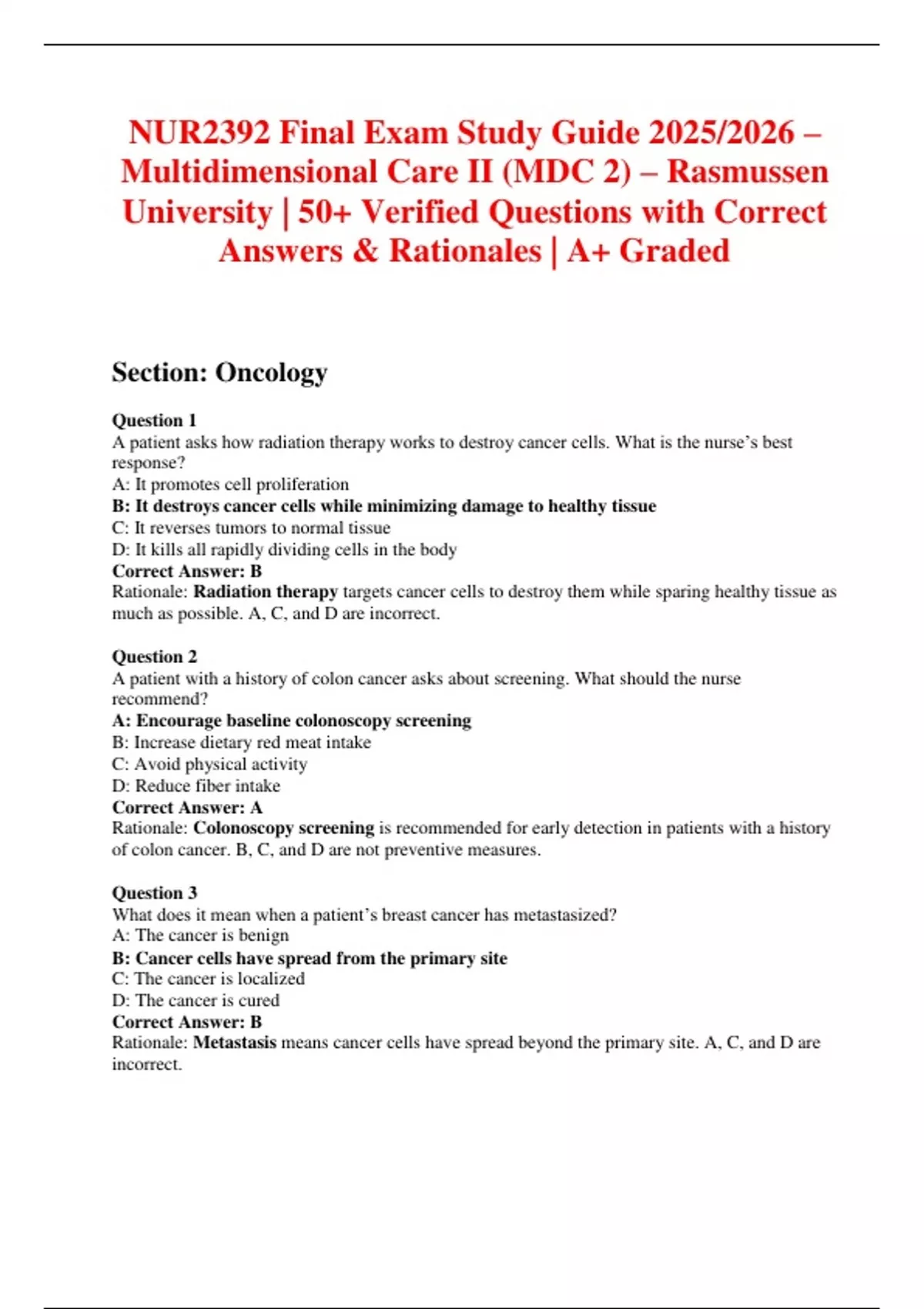 NUR2392 Final Exam Study Guide 2025/2026 – Multidimensional Care II ...