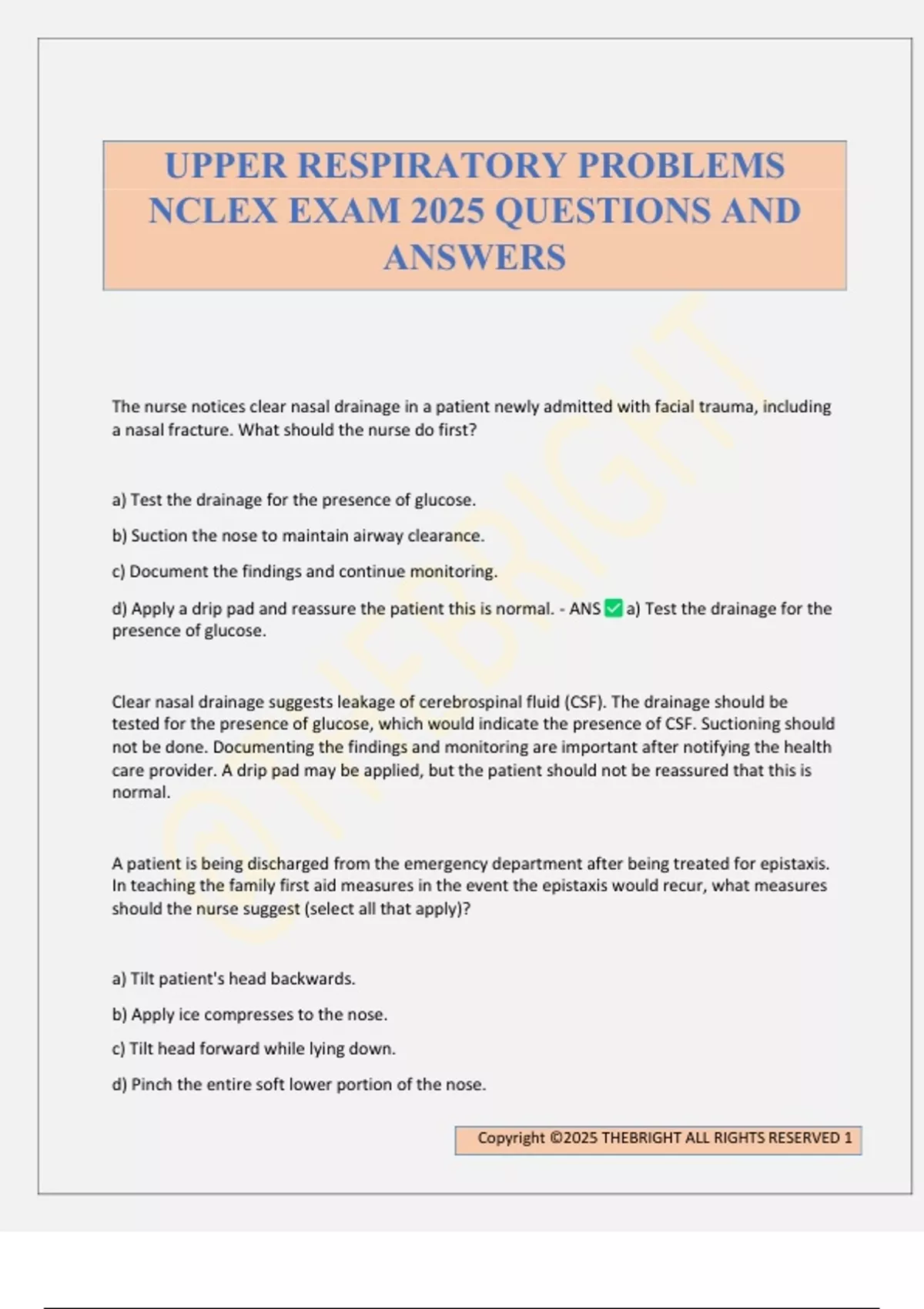 UPPER RESPIRATORY PROBLEMS NCLEX EXAM 2025 QUESTIONS AND ANSWERS ...