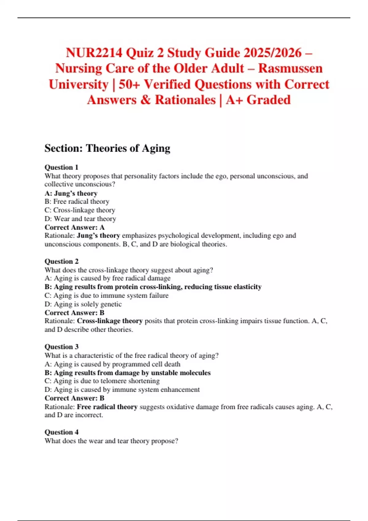 NUR2214 Quiz 2 Study Guide 2025/2026 – Nursing Care of the Older Adult ...