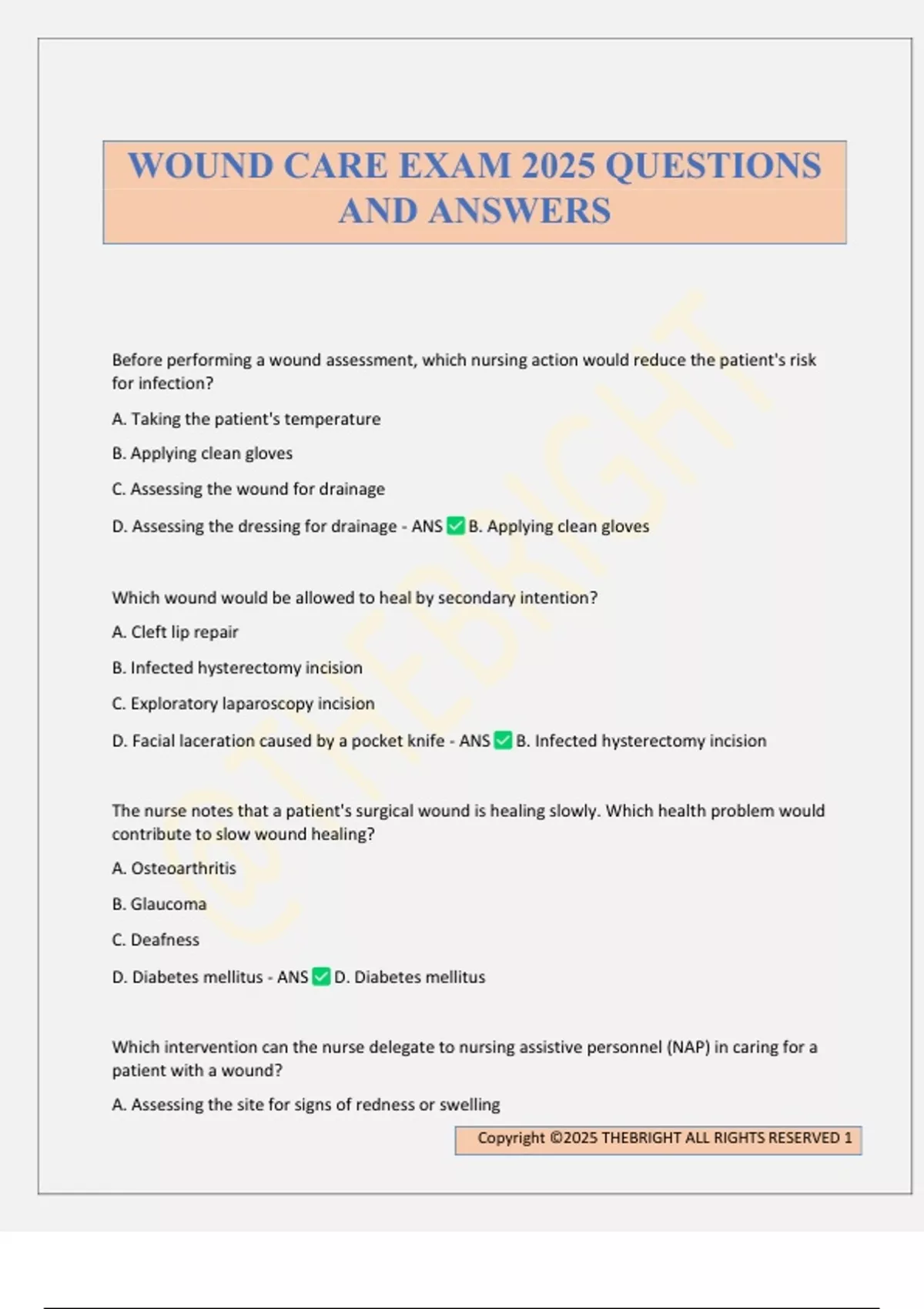 WOUND CARE EXAM 2025 QUESTIONS AND ANSWERS Wound Care Stuvia