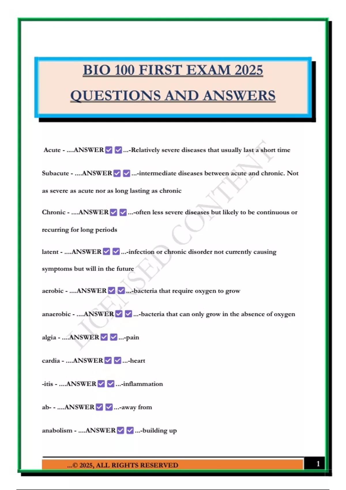 BIO 100 FIRST EXAM 2025 QUESTIONS AND ANSWERS - BIO 100 - Stuvia US