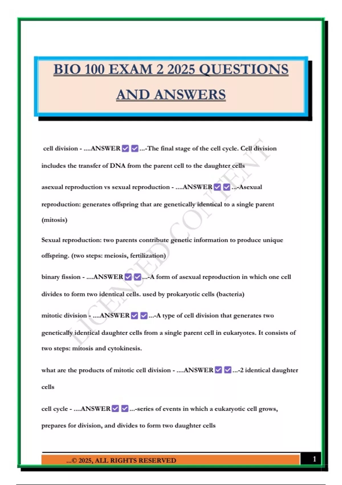 BIO 100 EXAM 2 2025 QUESTIONS AND ANSWERS - BIO 100 - Stuvia US