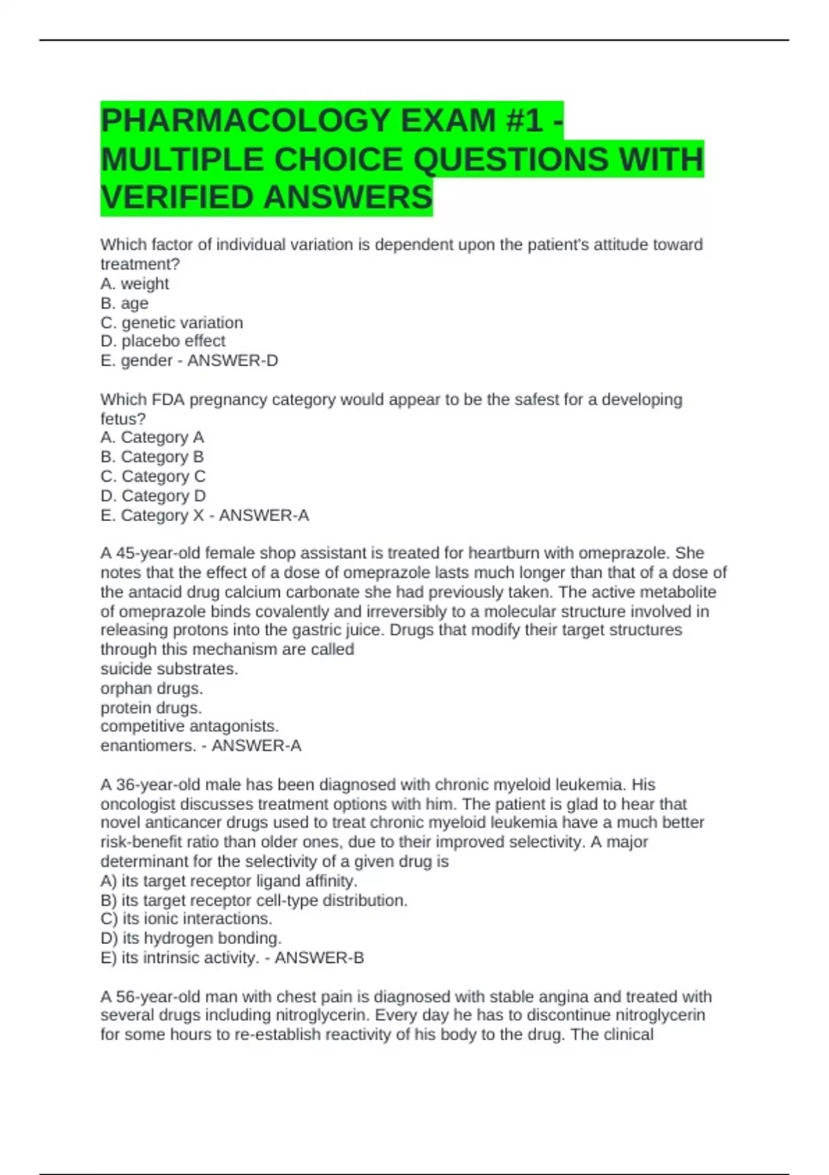 PHARMACOLOGY EXAM #1 - MULTIPLE CHOICE QUESTIONS WITH VERIFIED ANSWERS ...