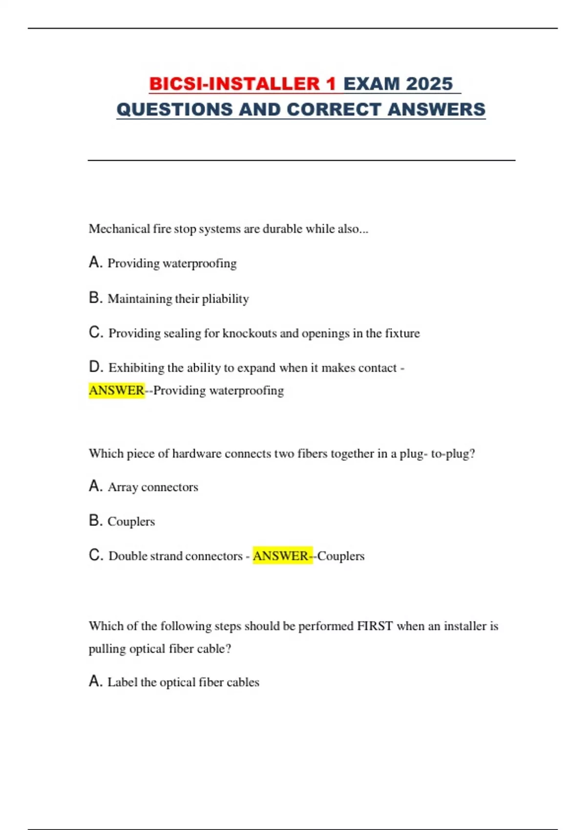 BICSI Installer 1 Exam 2025 – Complete Questions and Correct Answers ...