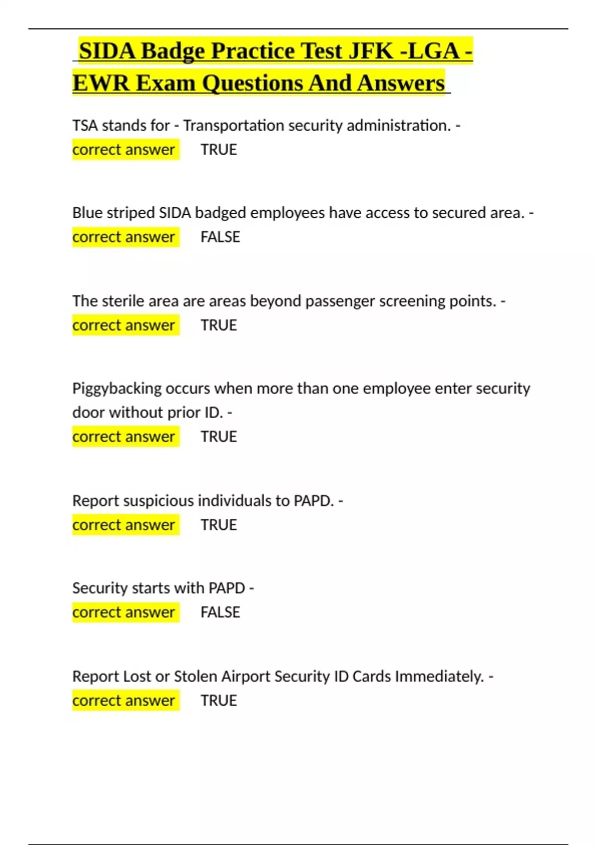 SIDA Badge Practice Test JFK -LGA -EWR Exam Questions And Answers.docx ...