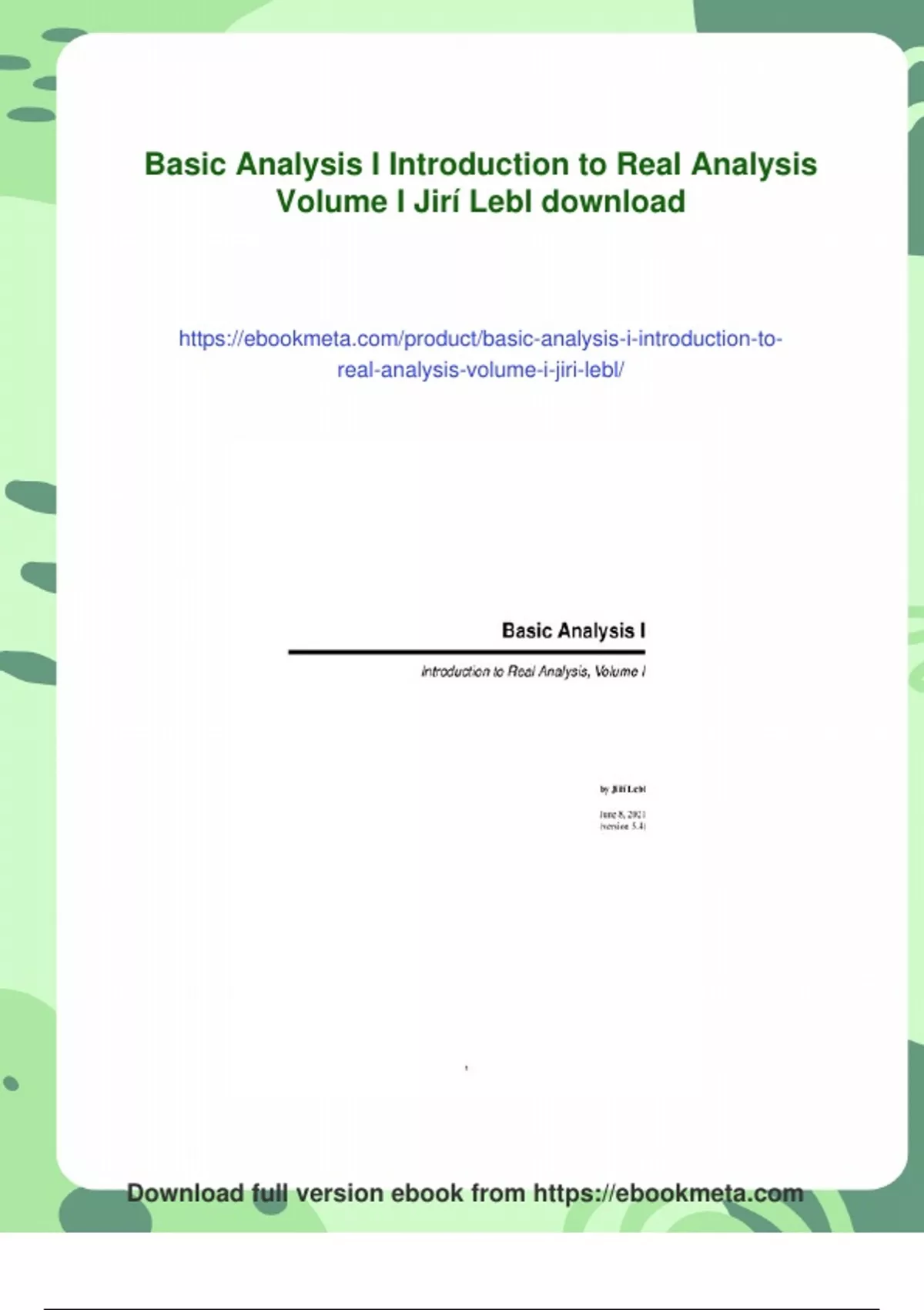 Summary Basic Analysis I Introduction to Real Analysis Volume I Jirí ...