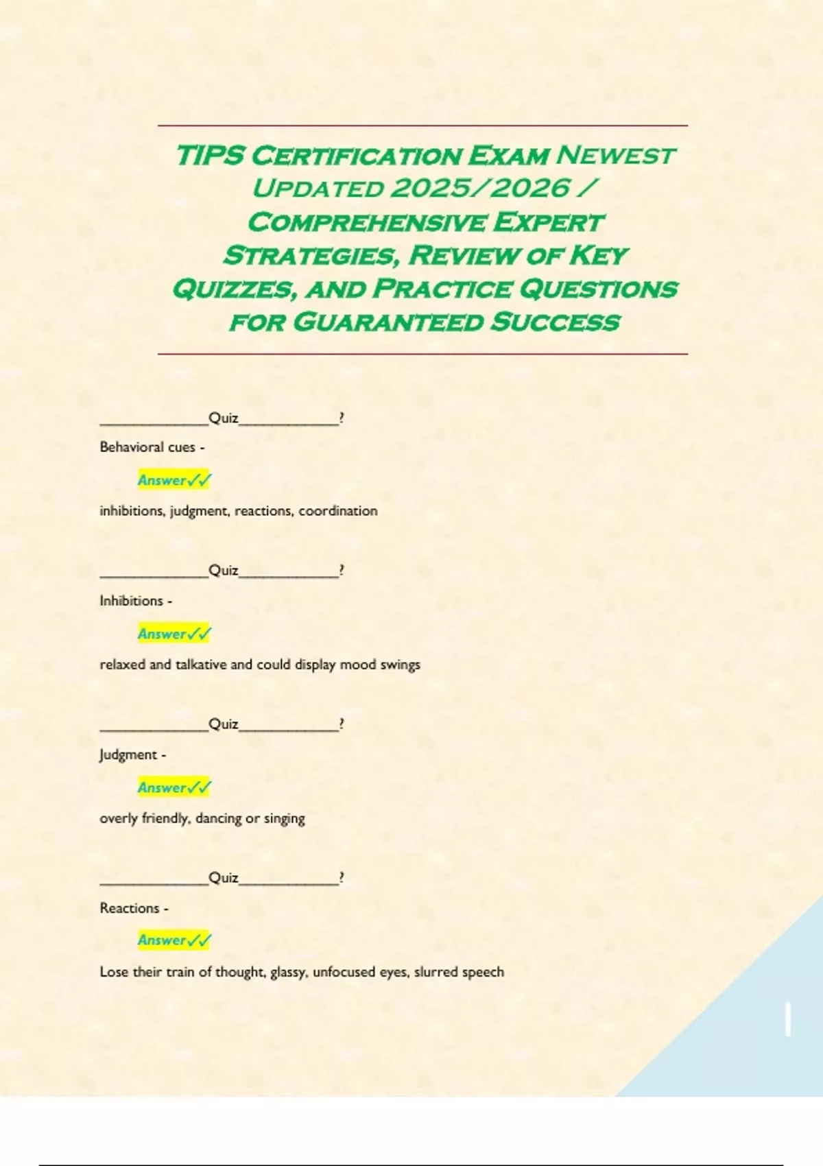 TIPS Certification Exam Newest Updated 2025/2026 / Comprehensive Expert ...