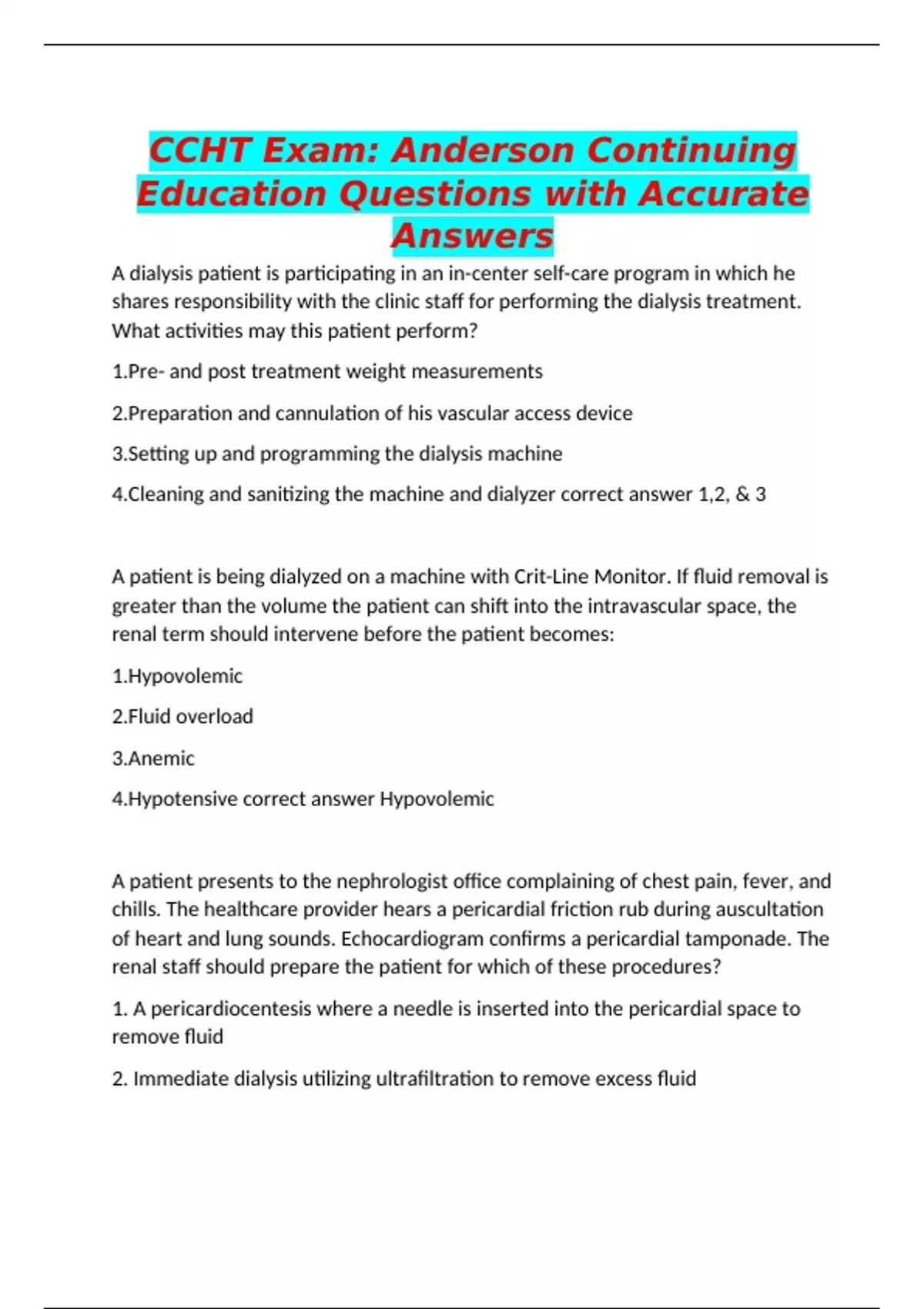CCHT Exam: Anderson Continuing Education Questions with Accurate Answers - PCT- Patient Care ...