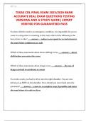   TEXAS CDL FINAL EXAM 2025&sol;2026 BANK  ACCURATE REAL EXAM QUESTIONS TESTING  VERSIONS AND A STUDY GUIDE &vert; EXPERT  VERIFIED FOR GUARANTEED PASS 