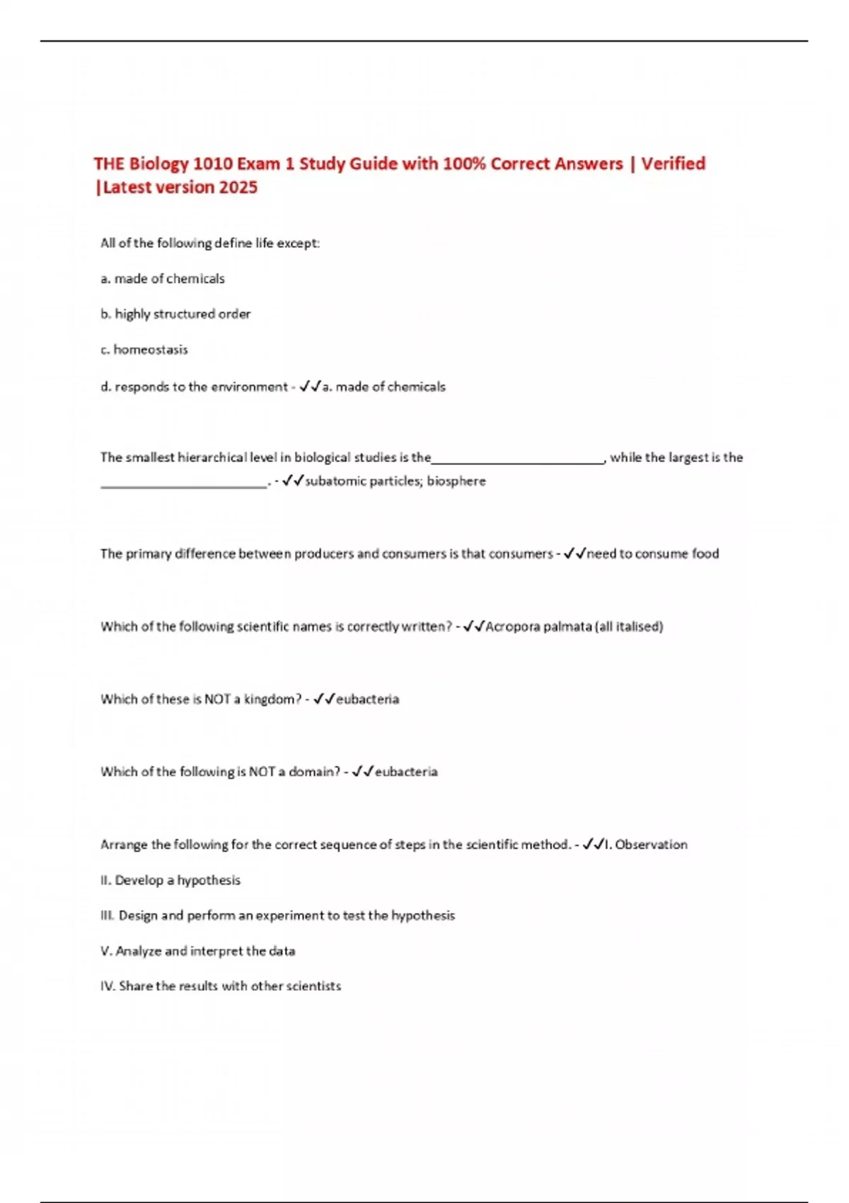 THE Biology 1010 Exam 1 Study Guide with 100% Correct Answers ...