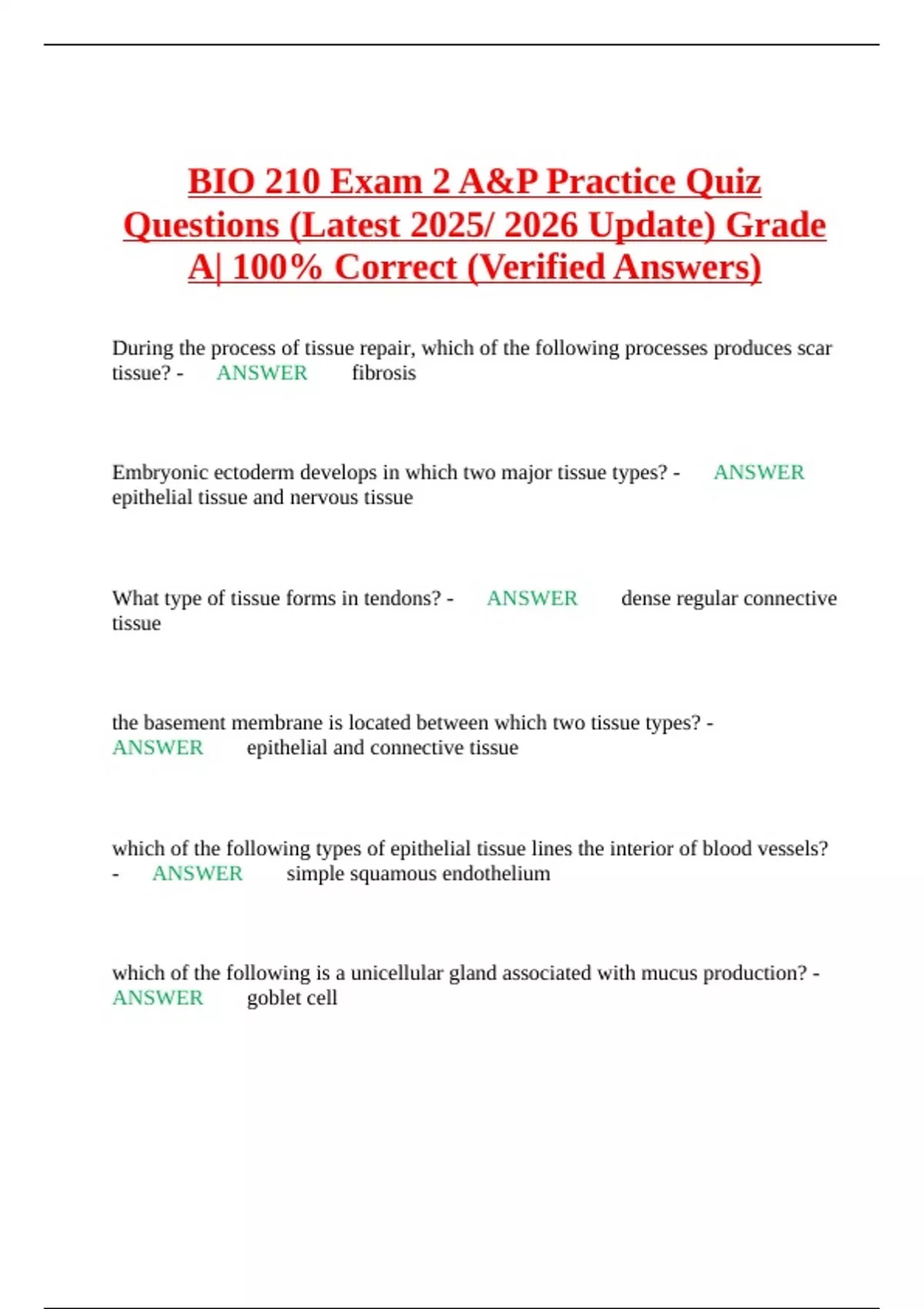 BIO 210 Exam 2 A&P Practice Quiz Questions (Latest 2025/ 2026 Update ...