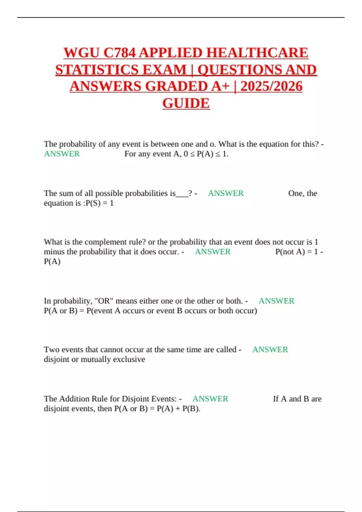 WGU C784 APPLIED HEALTHCARE STATISTICS EXAM | QUESTIONS AND ANSWERS ...