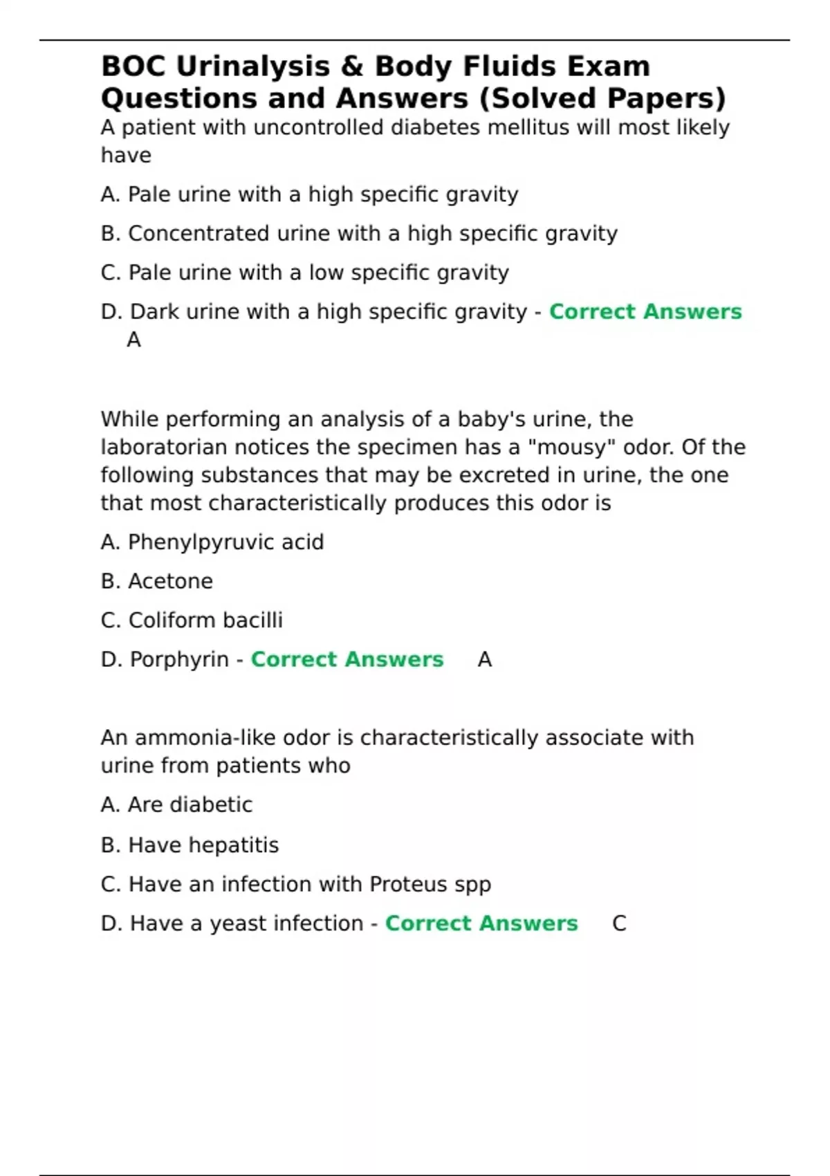 BOC Urinalysis & Body Fluids Exam Questions and Answers (Solved Papers ...