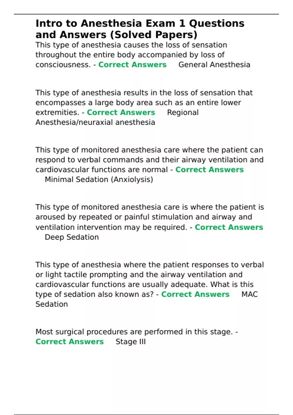 Intro to Anesthesia Exam 1 Questions and Answers (Solved Papers ...