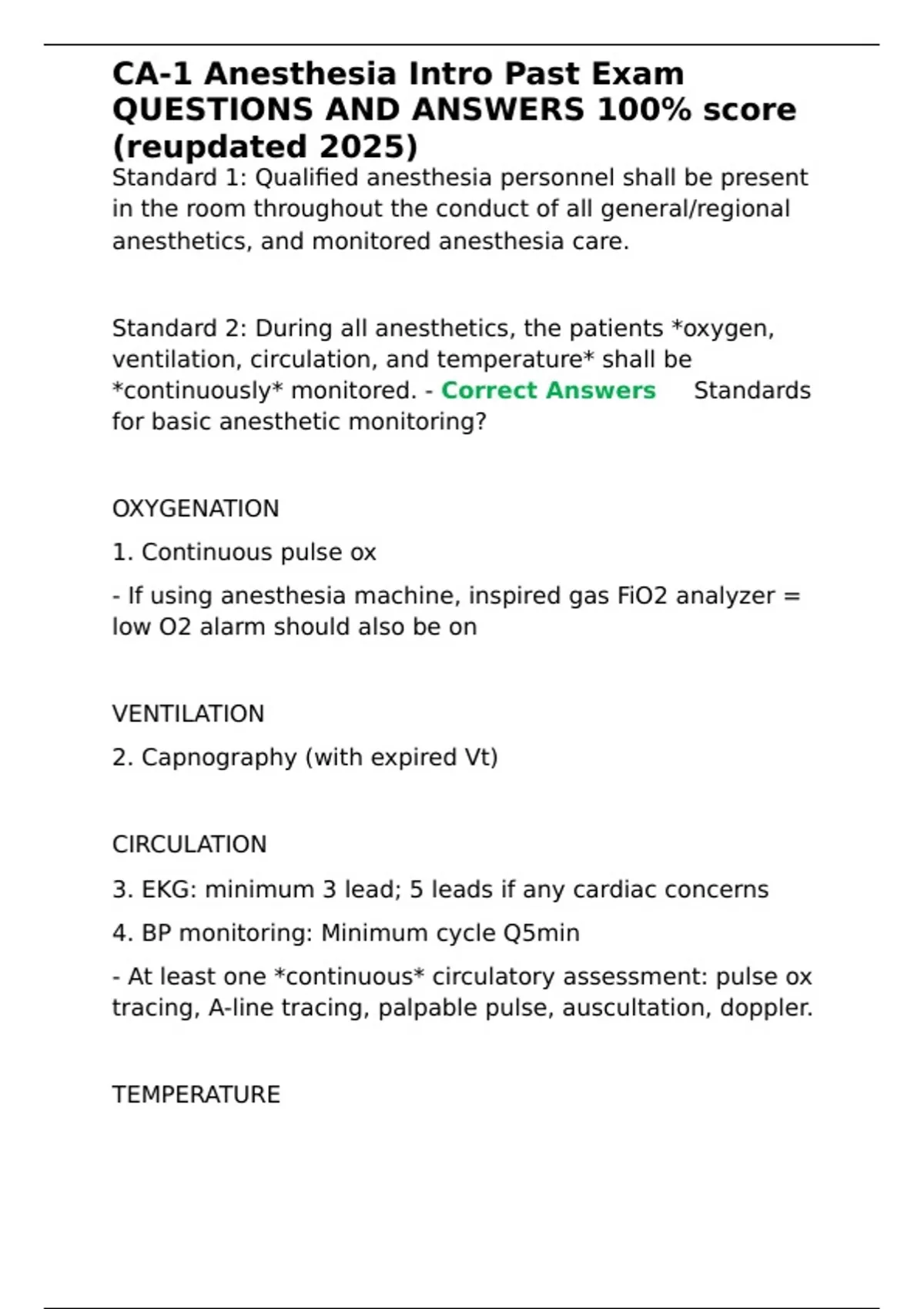 CA-1 Anesthesia Intro Past Exam QUESTIONS AND ANSWERS 100- score ...