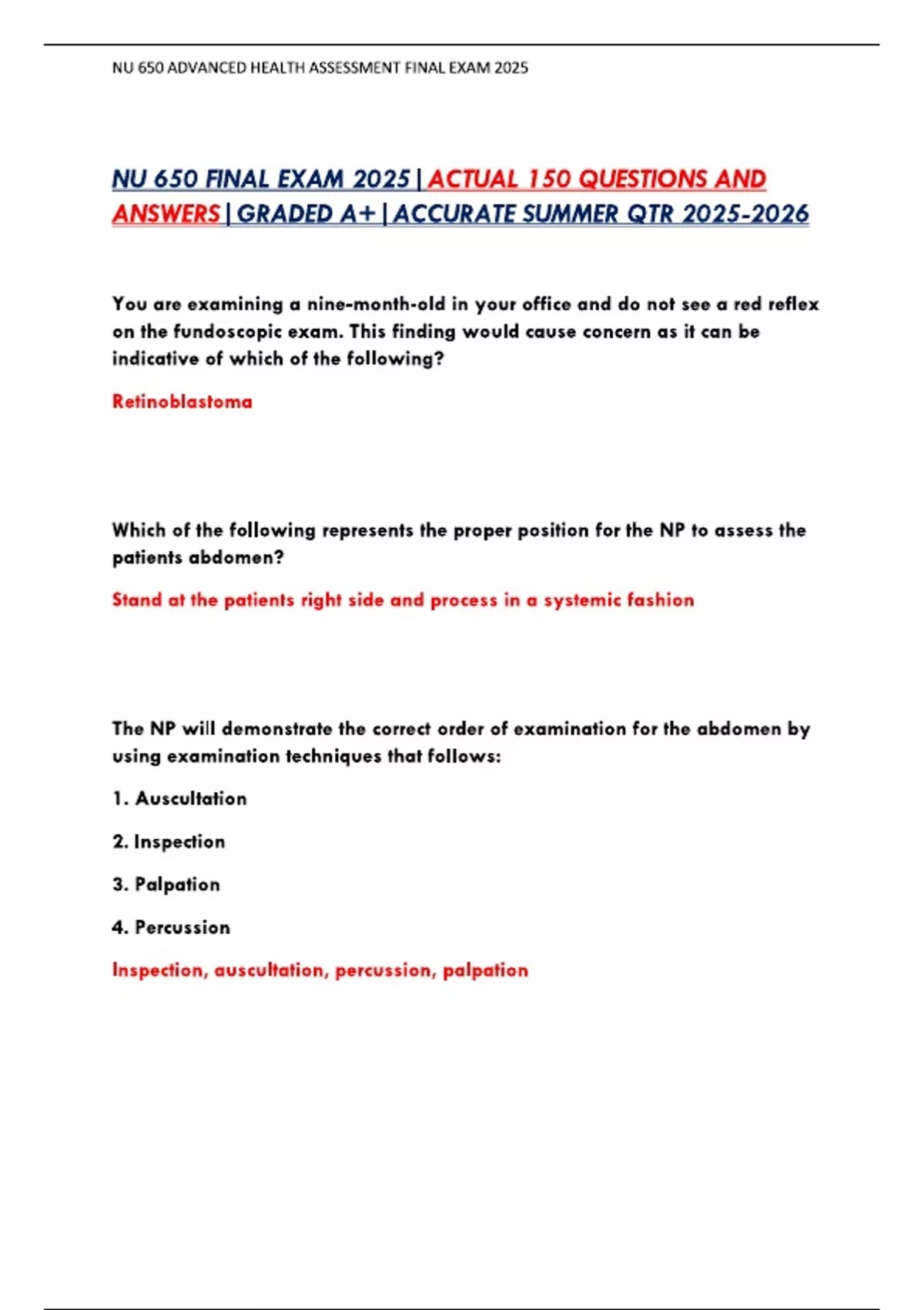 NU 650 FINAL EXAM 2025|ACTUAL 150 QUESTIONS AND ANSWERS|GRADED A+ ...