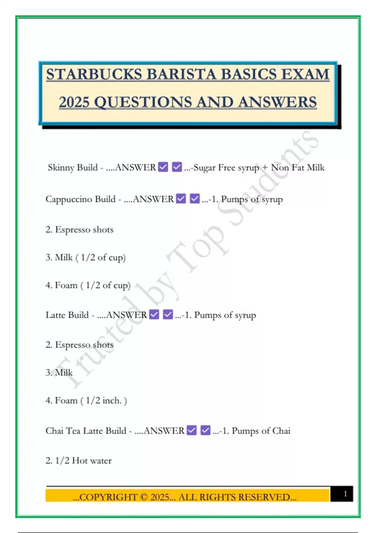 STARBUCKS BARISTA BASICS EXAM 2025 QUESTIONS AND ANSWERS - STARBUCKS ...