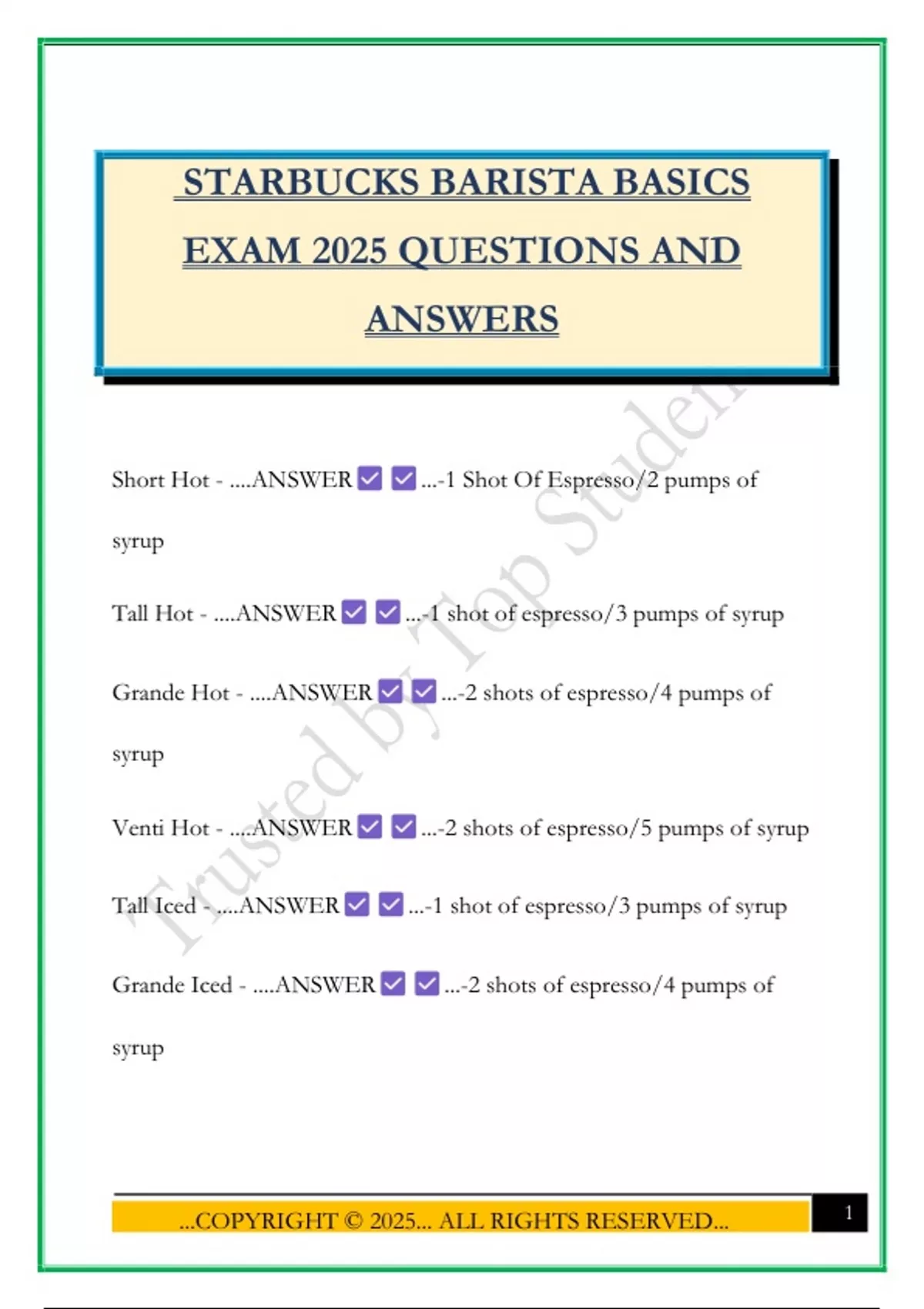 STARBUCKS BARISTA BASICS EXAM 2025 QUESTIONS AND ANSWERS - STARBUCKS ...