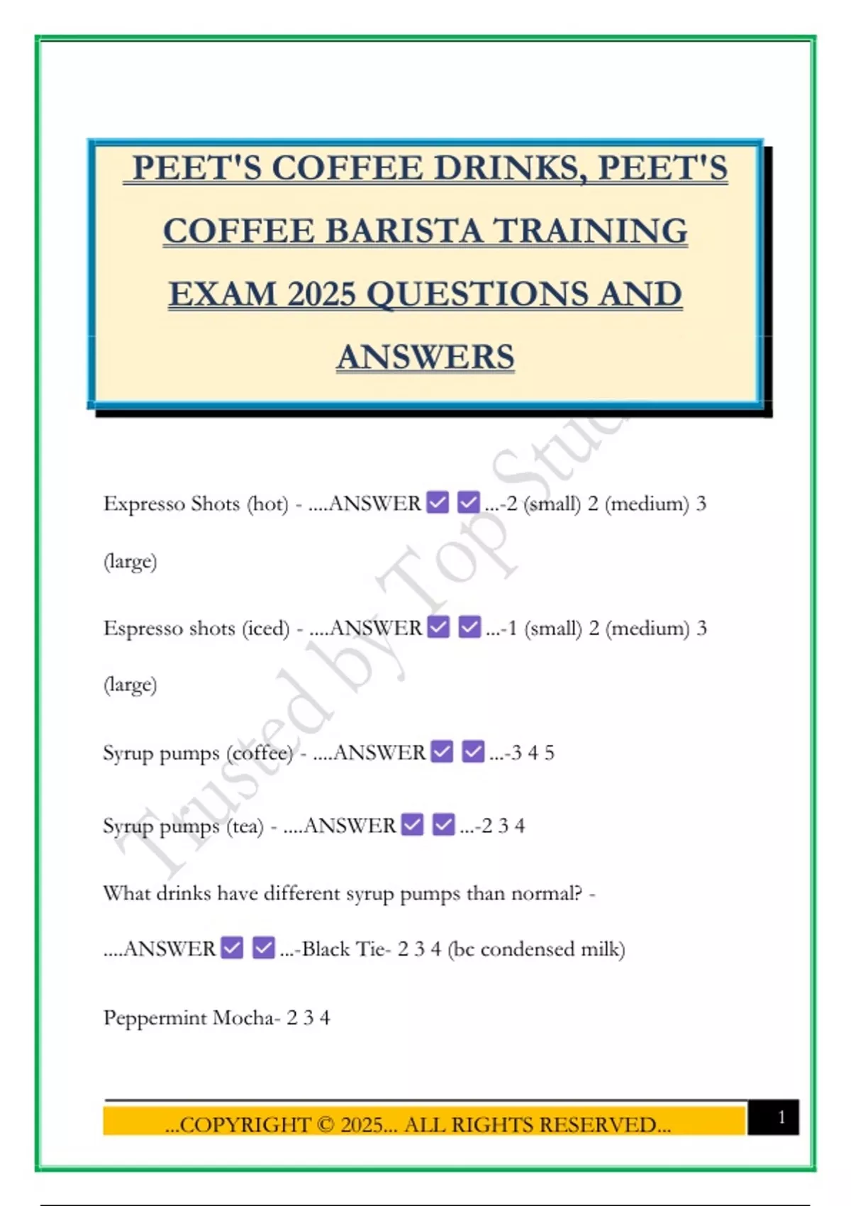 PEET'S COFFEE DRINKS, PEET'S COFFEE BARISTA TRAINING EXAM 2025 ...