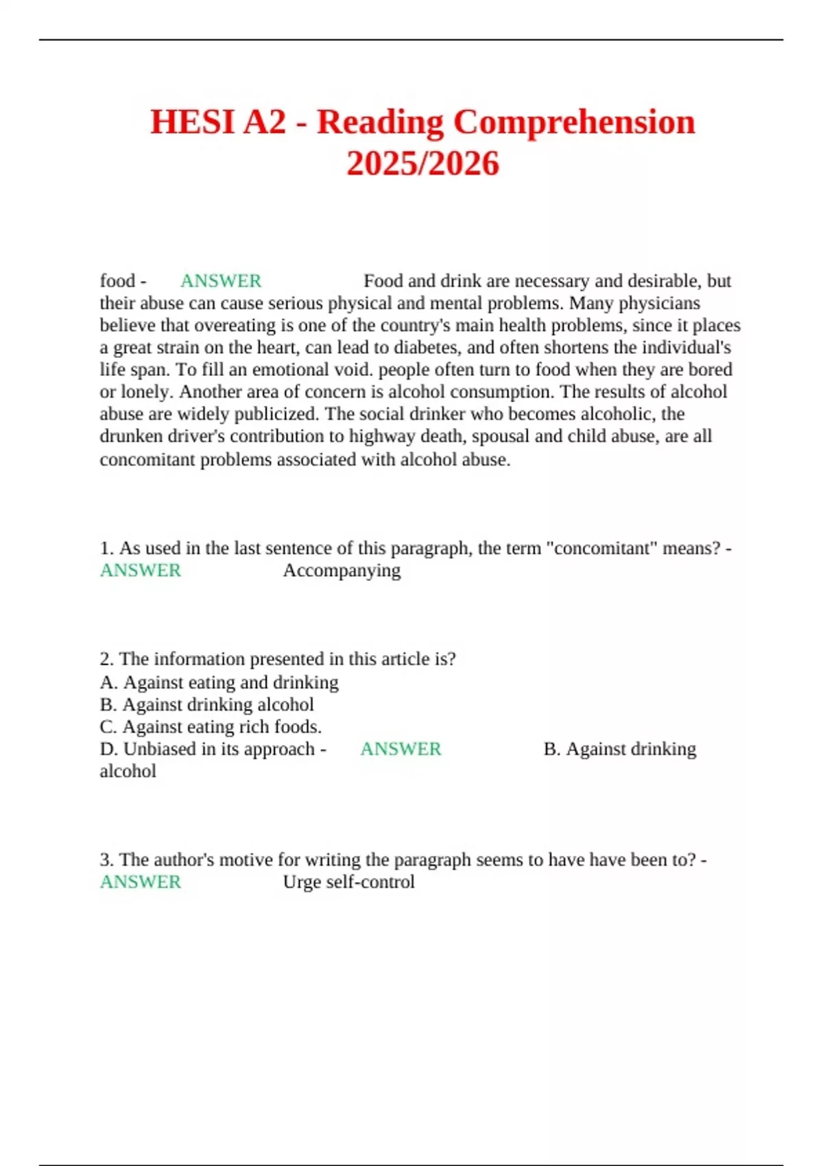 HESI A2 - Reading Comprehension 2025/2026 - Hesi A2 - Stuvia US