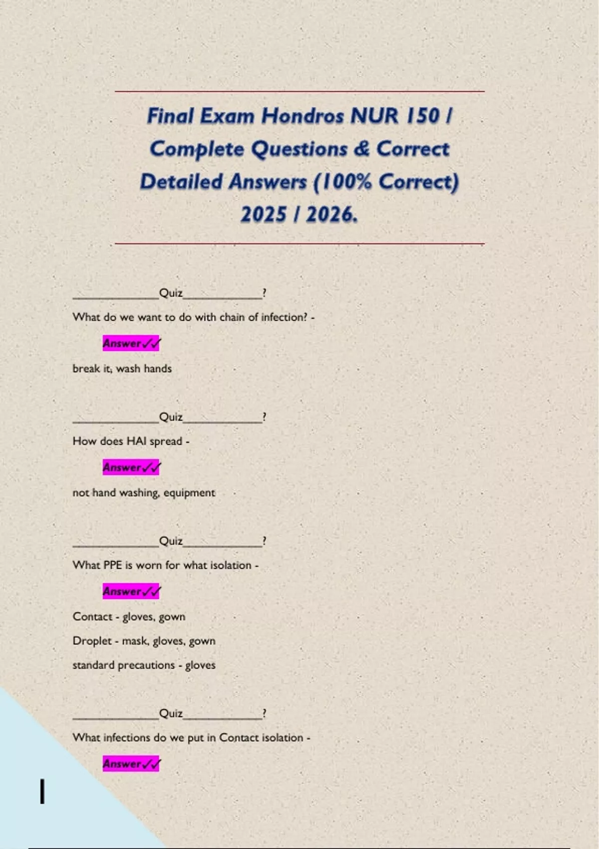 Final Exam Hondros NUR 150 / Complete Questions & Correct Detailed ...