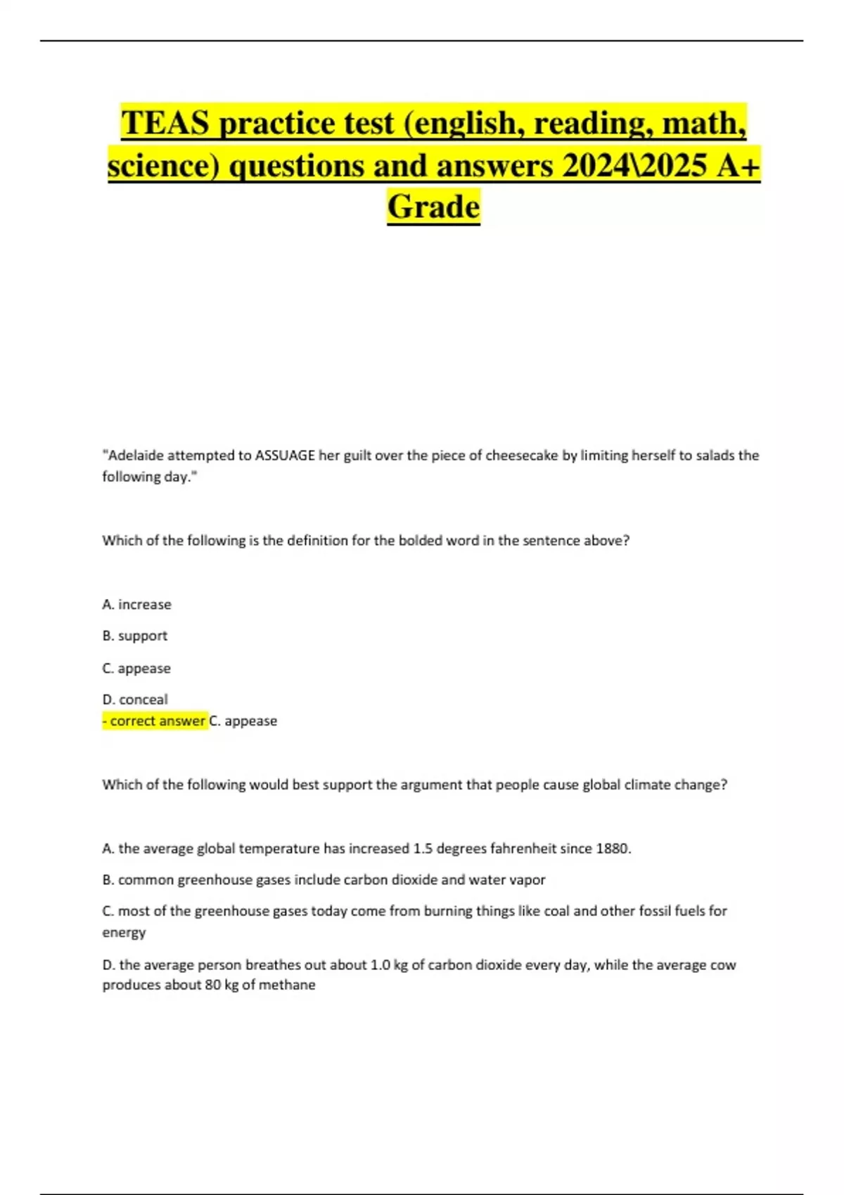 TEAS Practice Test (English, Reading, Math, Science) – 2024/2025 Exam ...