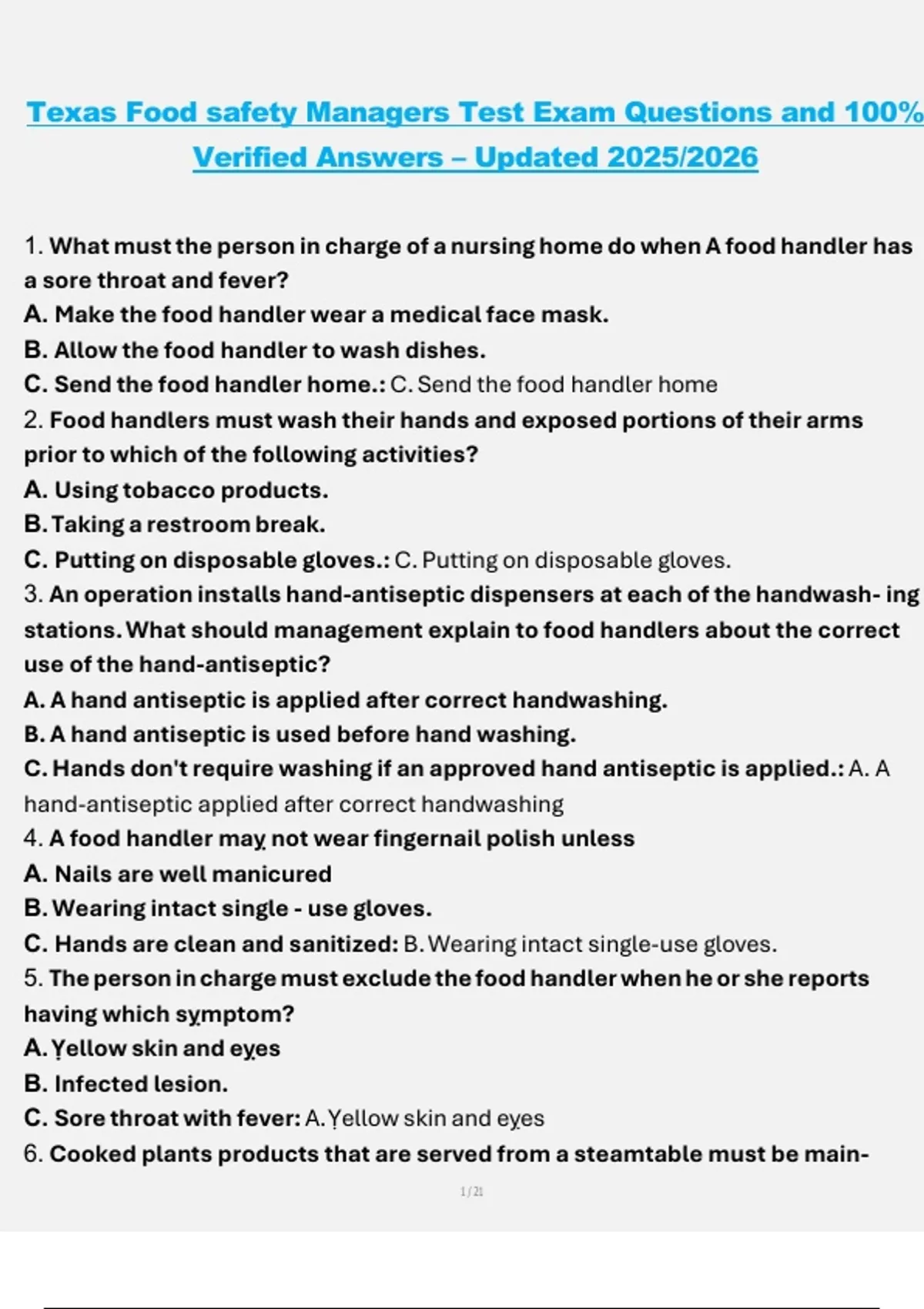 Texas Food Safety Managers Test Exam Questions and 100% Verified ...