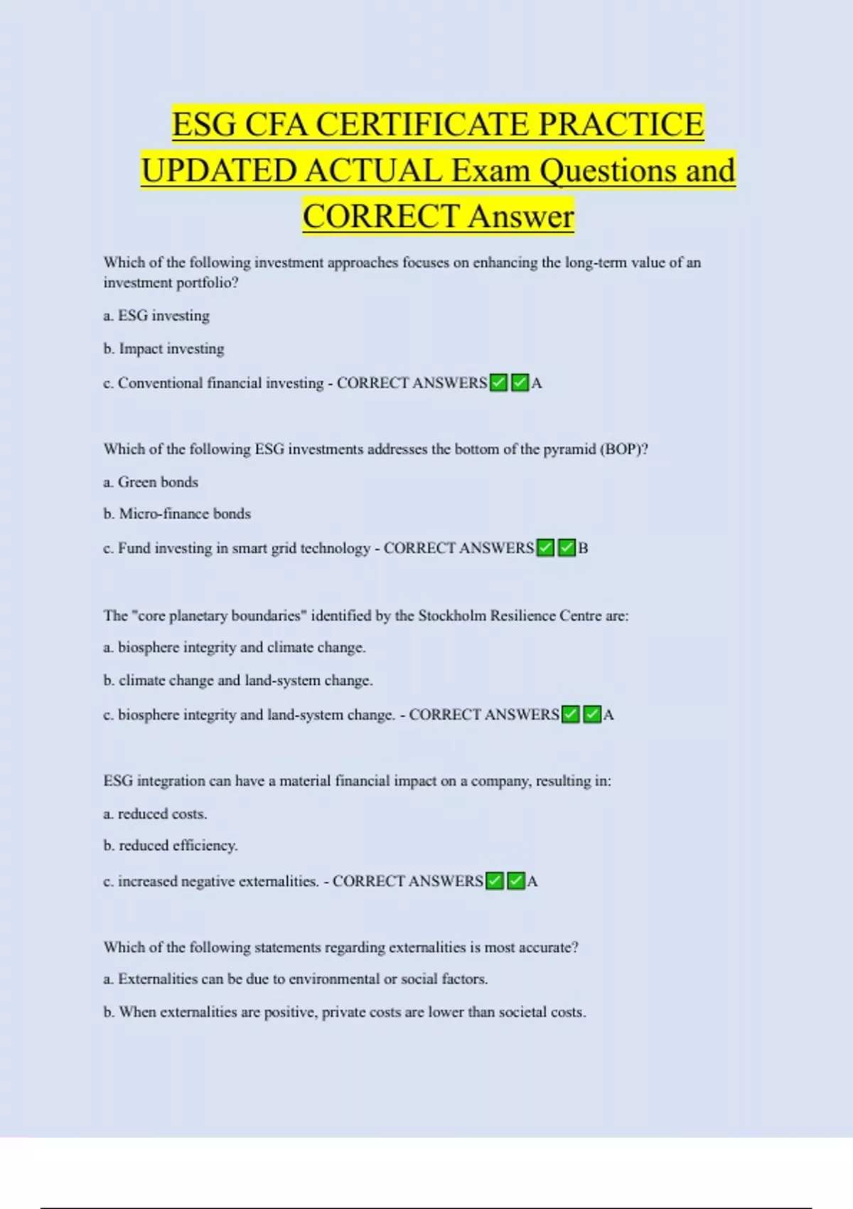 ESG CFA CERTIFICATE PRACTICE UPDATED ACTUAL Exam Questions and CORRECT ...