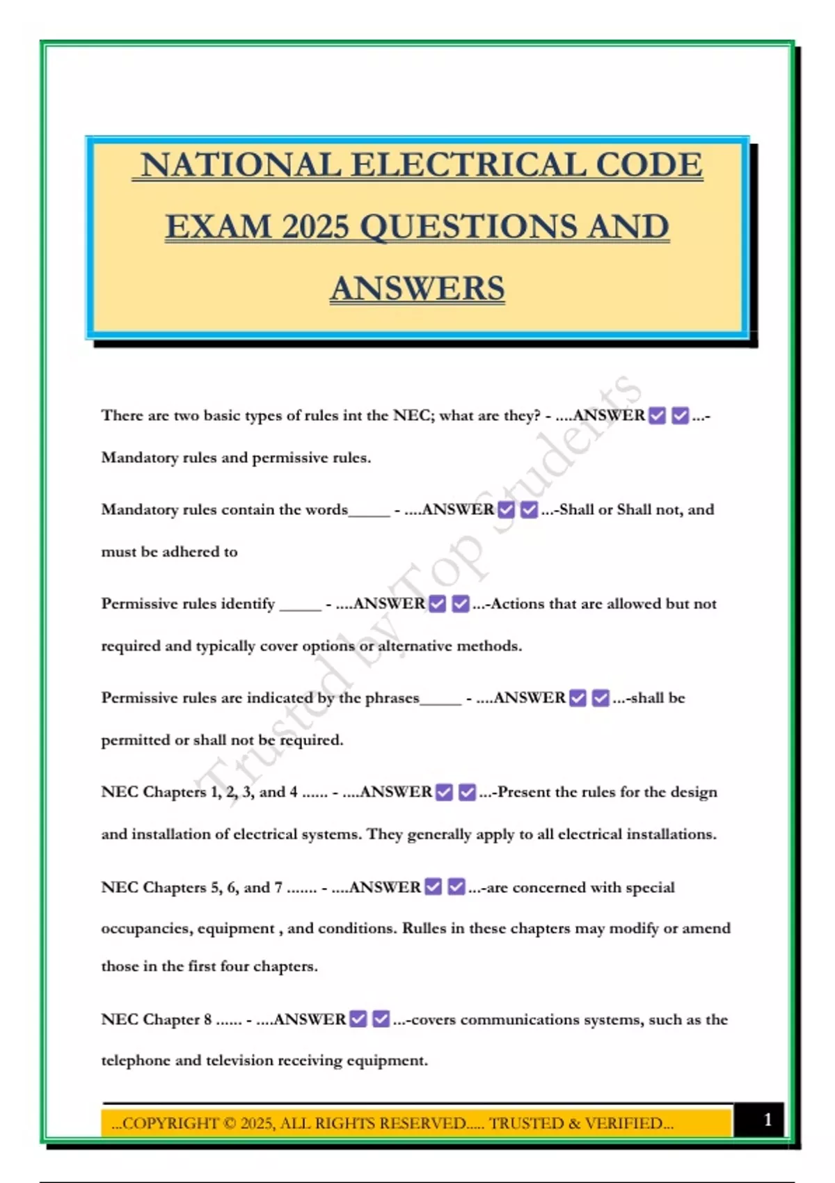 NATIONAL ELECTRICAL CODE EXAM 2025 QUESTIONS AND ANSWERS - YCJA - Stuvia US