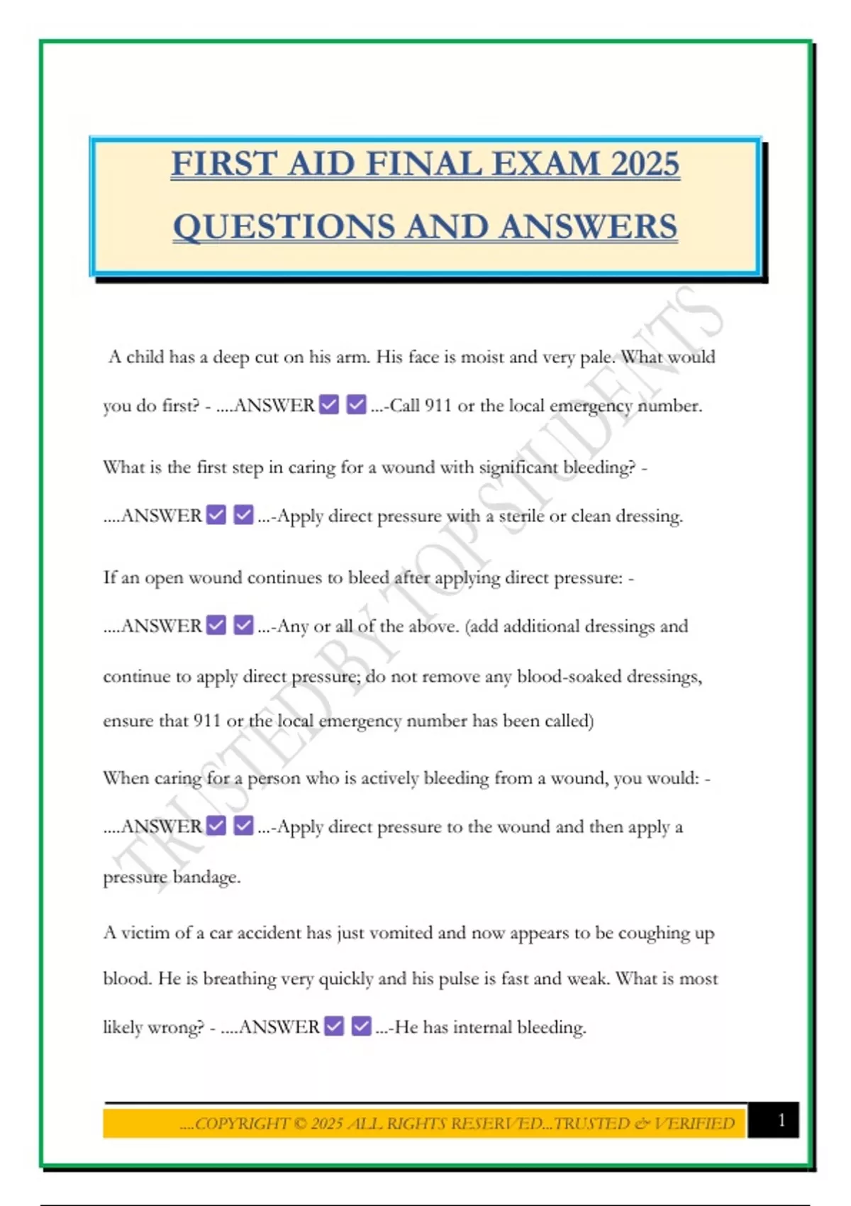 FIRST AID FINAL EXAM 2025 QUESTIONS AND ANSWERS - FIRST AID - Stuvia US