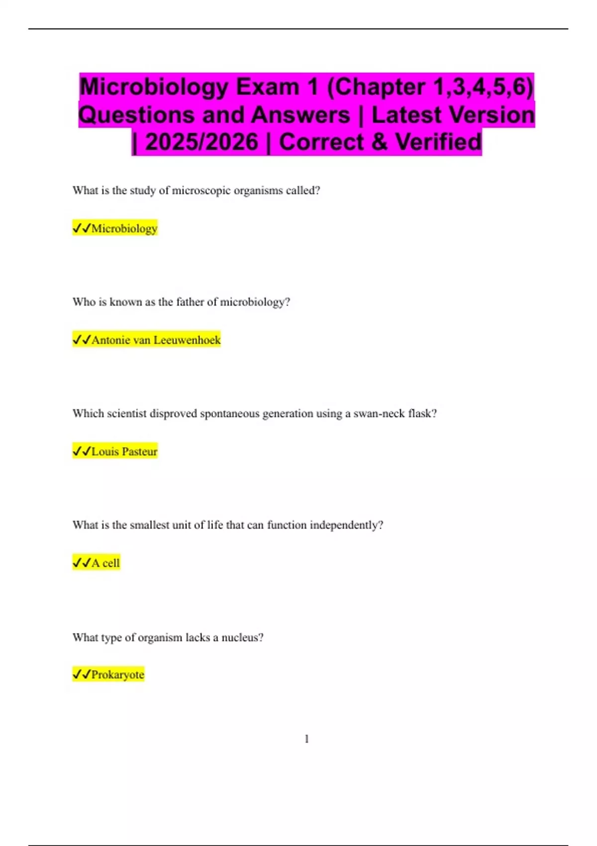 Microbiology Exam 1 (Chapter 1,3,4,5,6) Questions and Answers | Latest ...