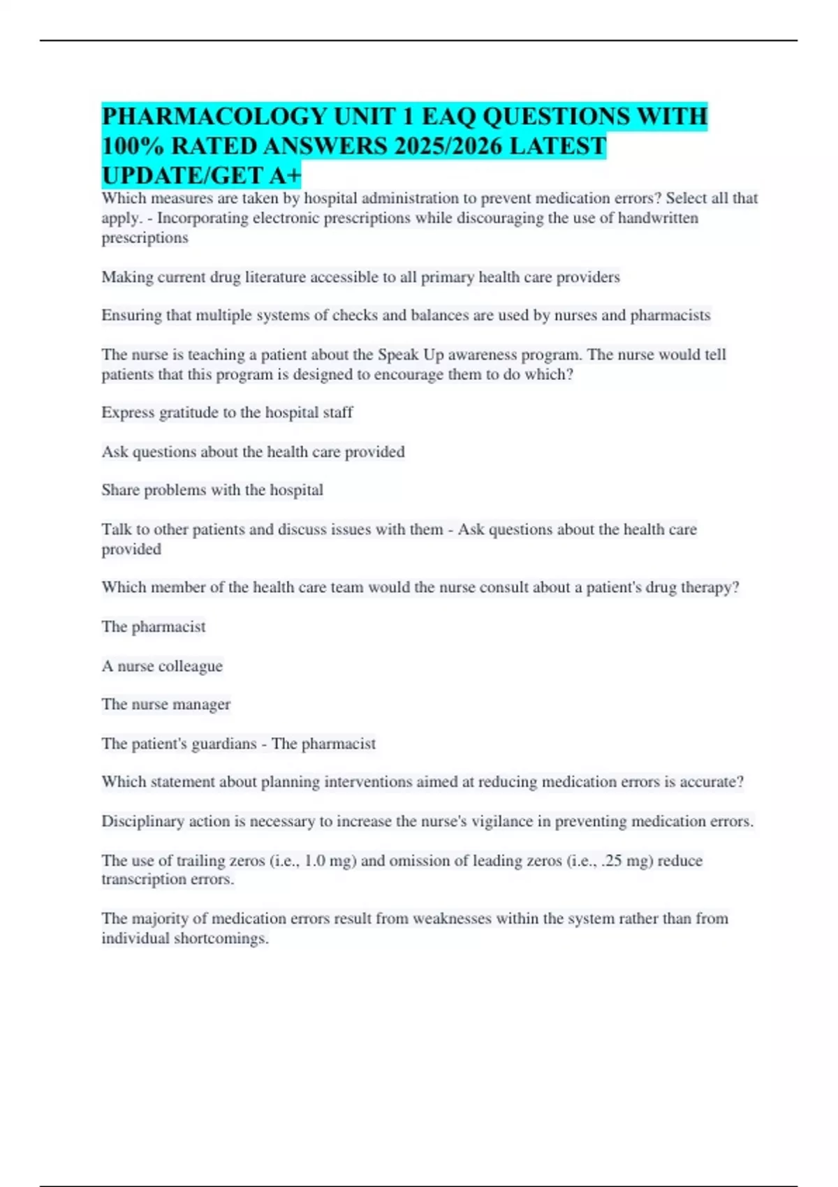 PHARMACOLOGY UNIT 1 EAQ QUESTIONS WITH 100% RATED ANSWERS 2025/2026 ...