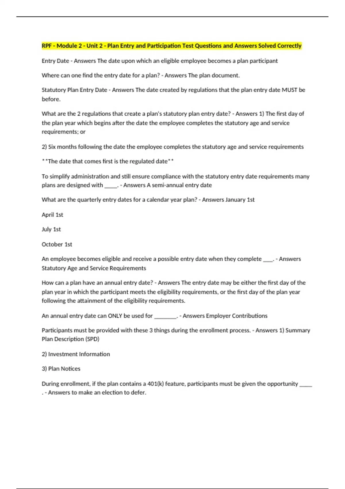 RPF - Module 2 - Unit 2 - Plan Entry and Participation Test Questions ...
