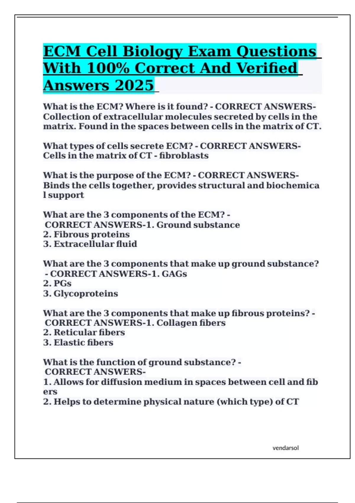 ECM Cell Biology Exam Questions With 100% Correct And Verified Answers ...