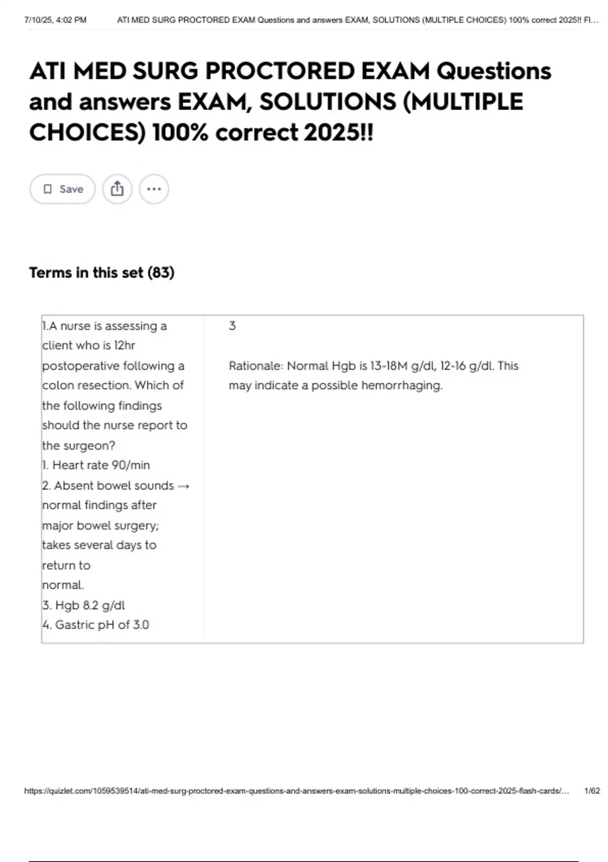 ATI MED SURG PROCTORED EXAM Questions and answers EXAM, SOLUTIONS ...