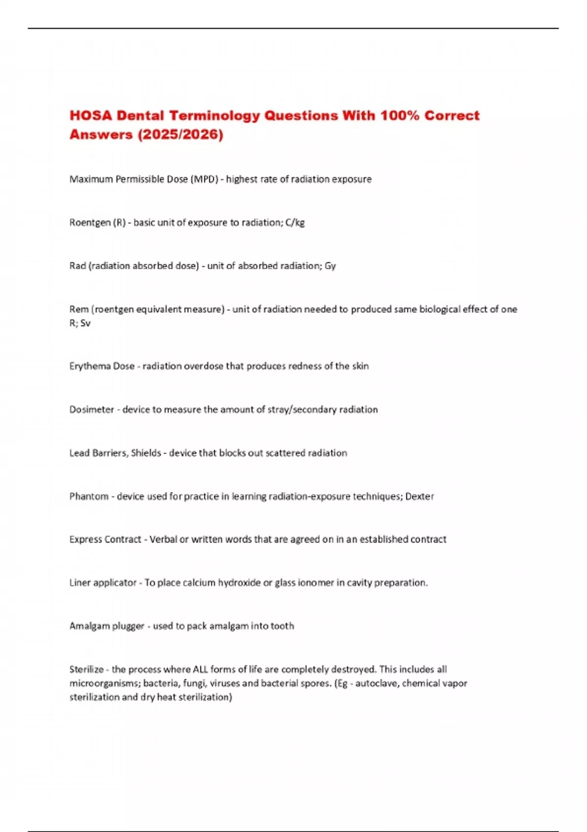 HOSA Dental Terminology Questions With 100% Correct Answers (2025/2026 ...