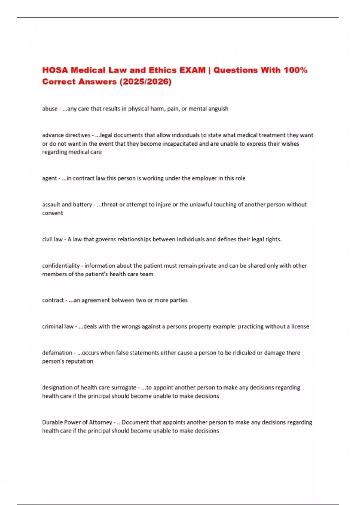 HOSA Medical Law and Ethics EXAM | Questions With 100% Correct Answers ...