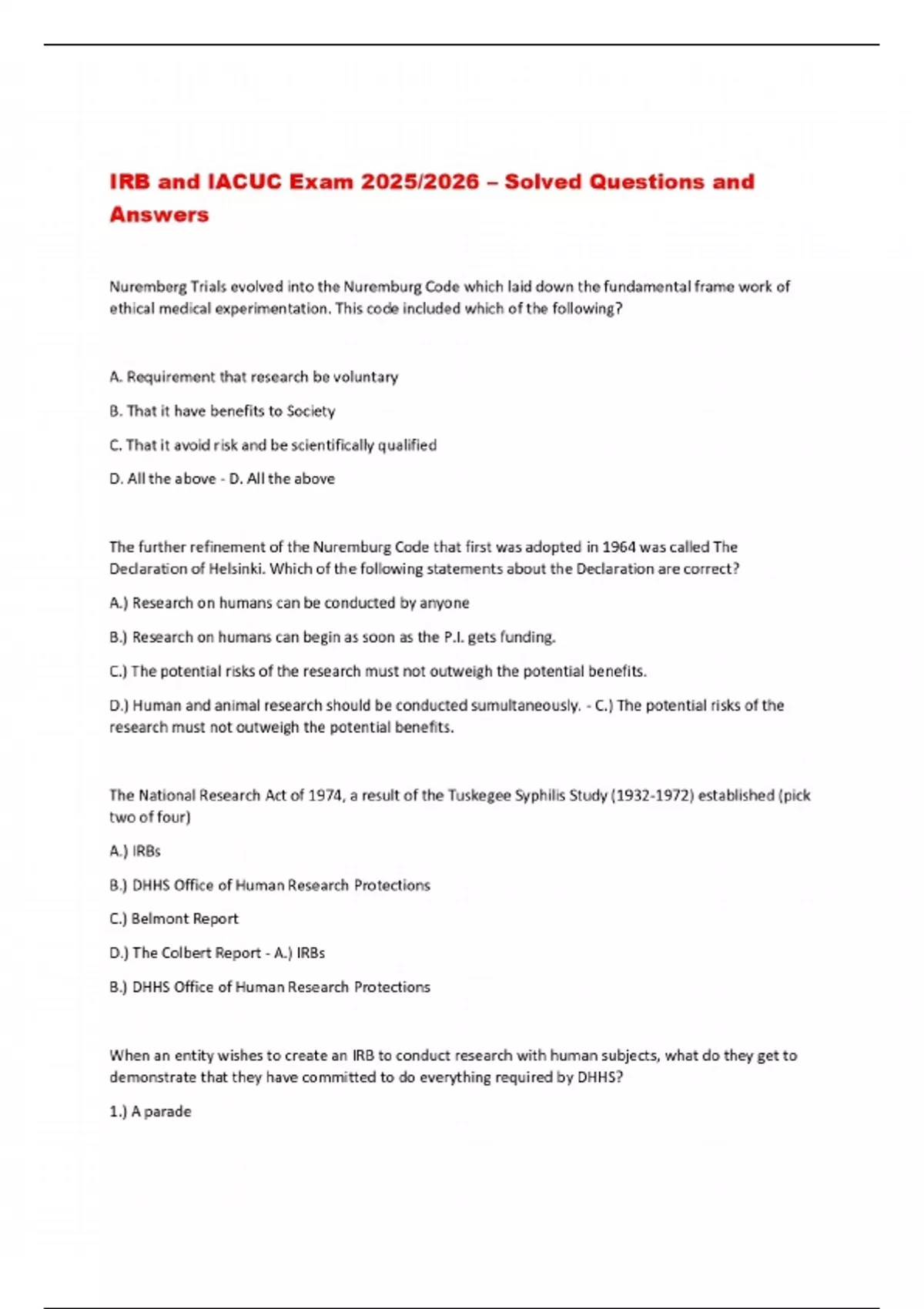 IRB and IACUC Exam 2025/2026 – Solved Questions and Answers - IRB IACUC ...