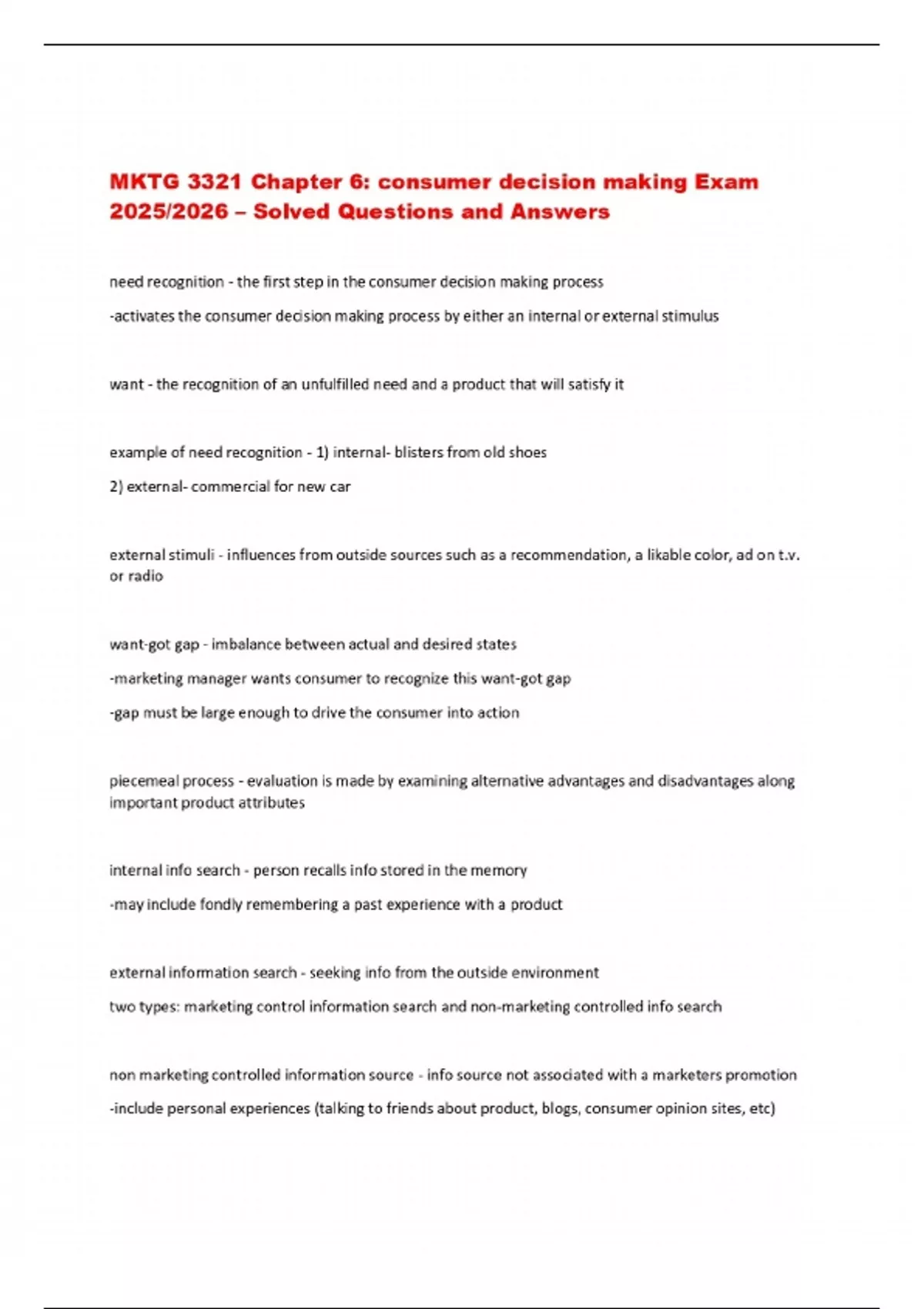 MKTG 3321 Chapter 6: consumer decision making Exam 2025/2026 – Solved ...